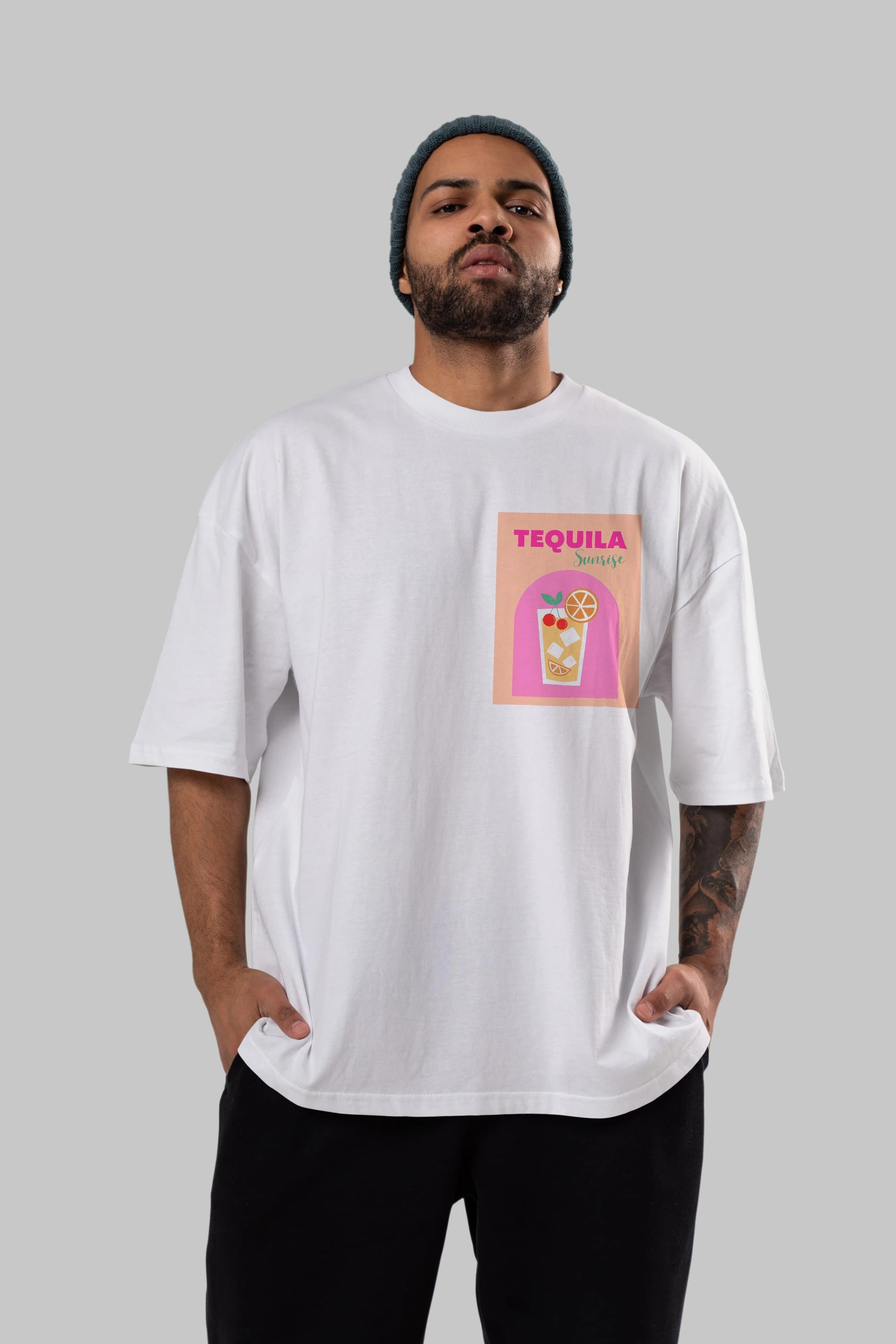 Tequila Sunrise 2 Ön Sol Baskılı Oversize t-shirt Erkek Kadın Unisex %100 Pamuk Bisiklet Yaka tişort