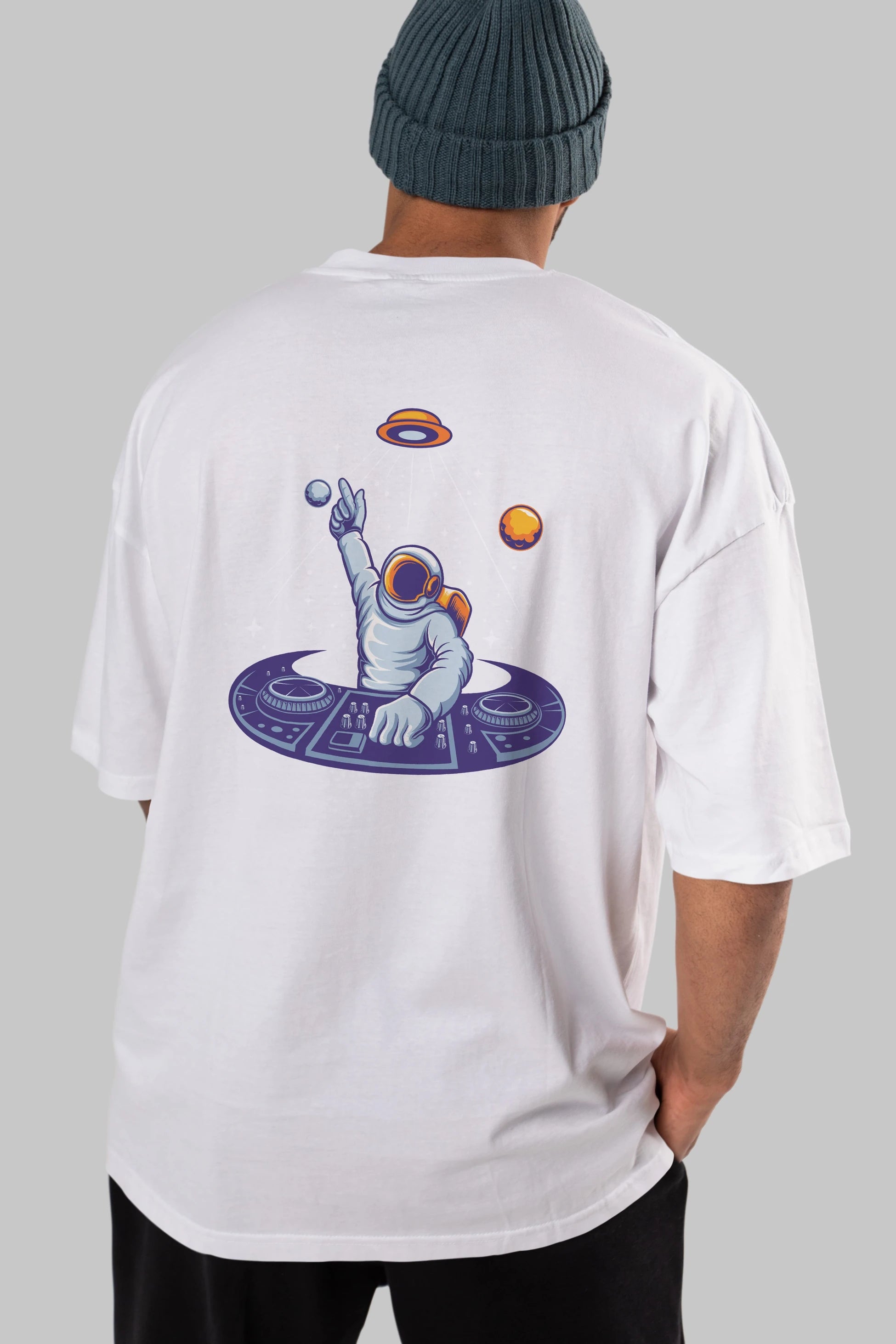 Astronaut Disk Jockey Party Arka Baskılı Oversize t-shirt Erkek Kadın Unisex