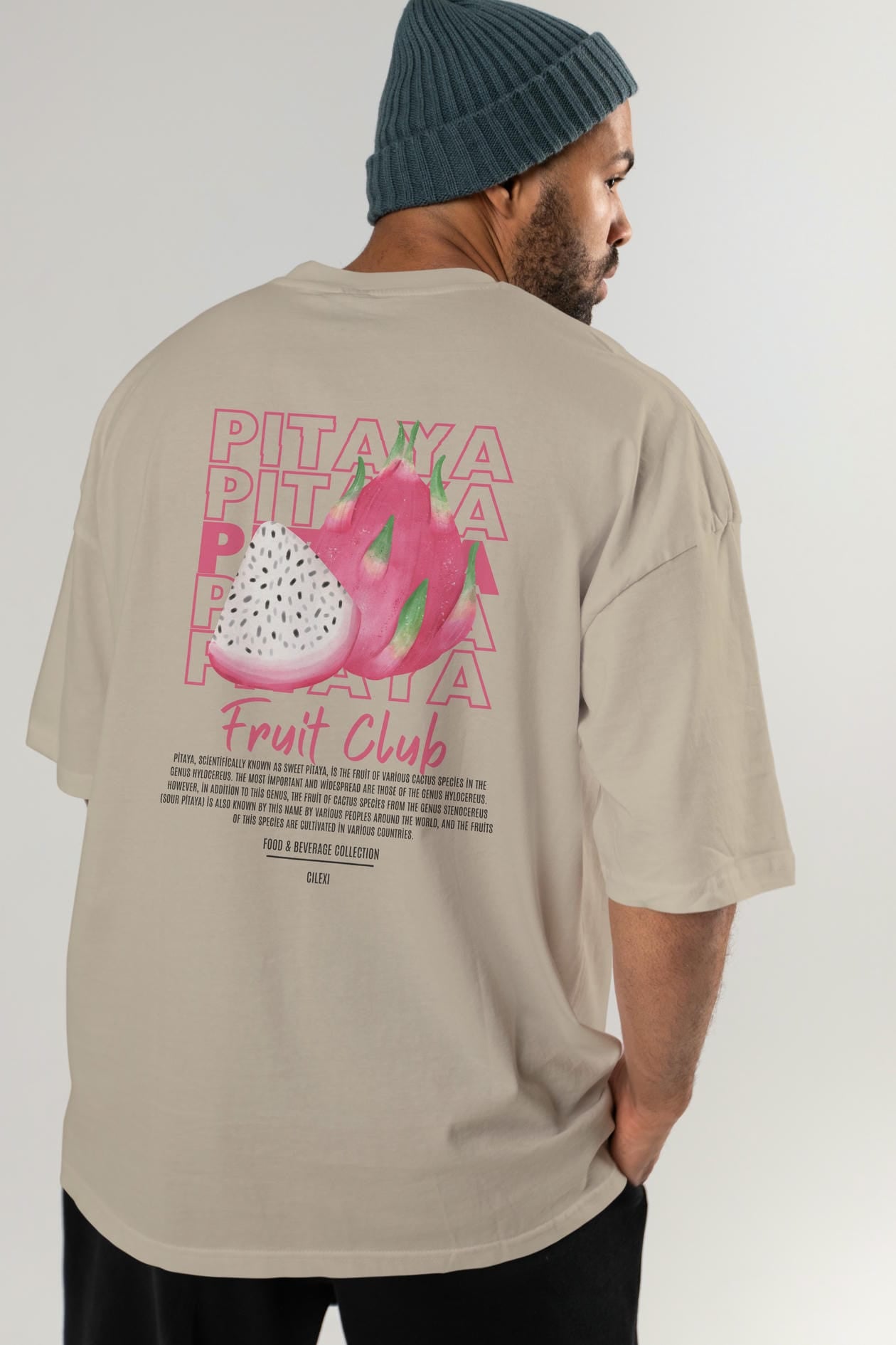 Pitaya Arka Baskılı Oversize t-shirt Erkek Kadın Pamuk Bisiklet Yaka tişort