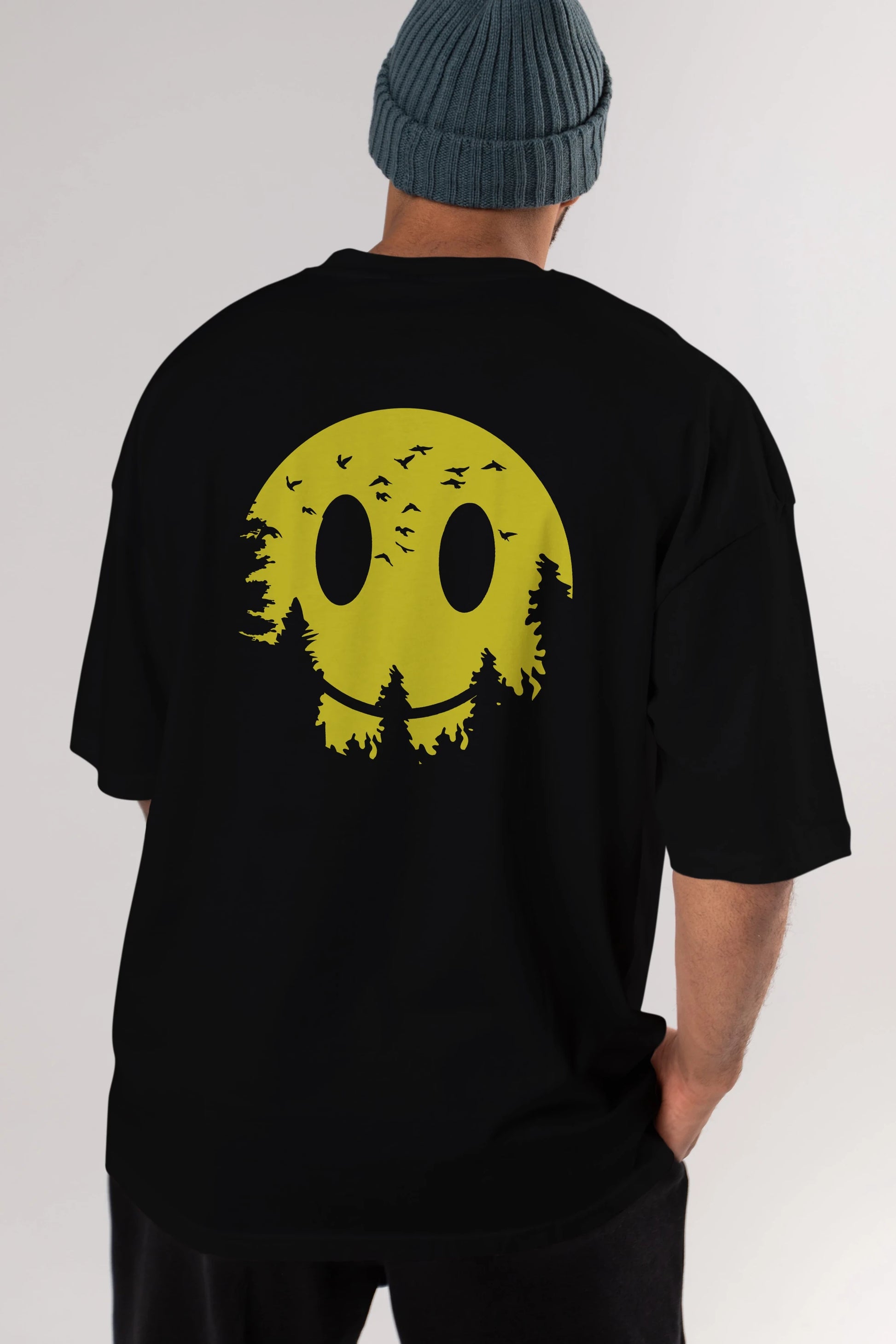 Smiley Moon Arka Baskılı Oversize t-shirt %100 pamuk Erkek Kadın Unisex
