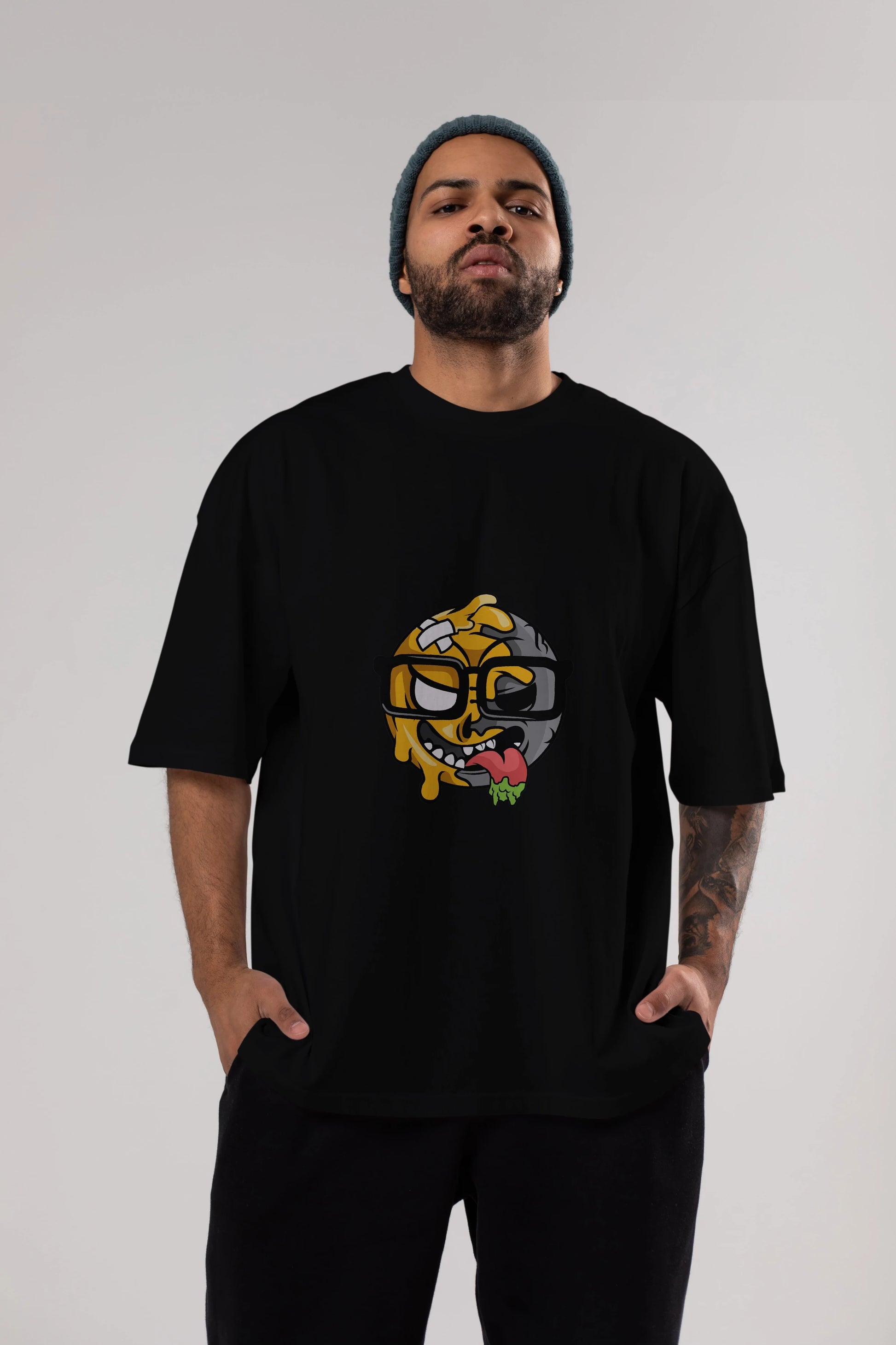 Smiley Nerd Ön Baskılı Oversize t-shirt Erkek Kadın Unisex %100 Pamuk tişort