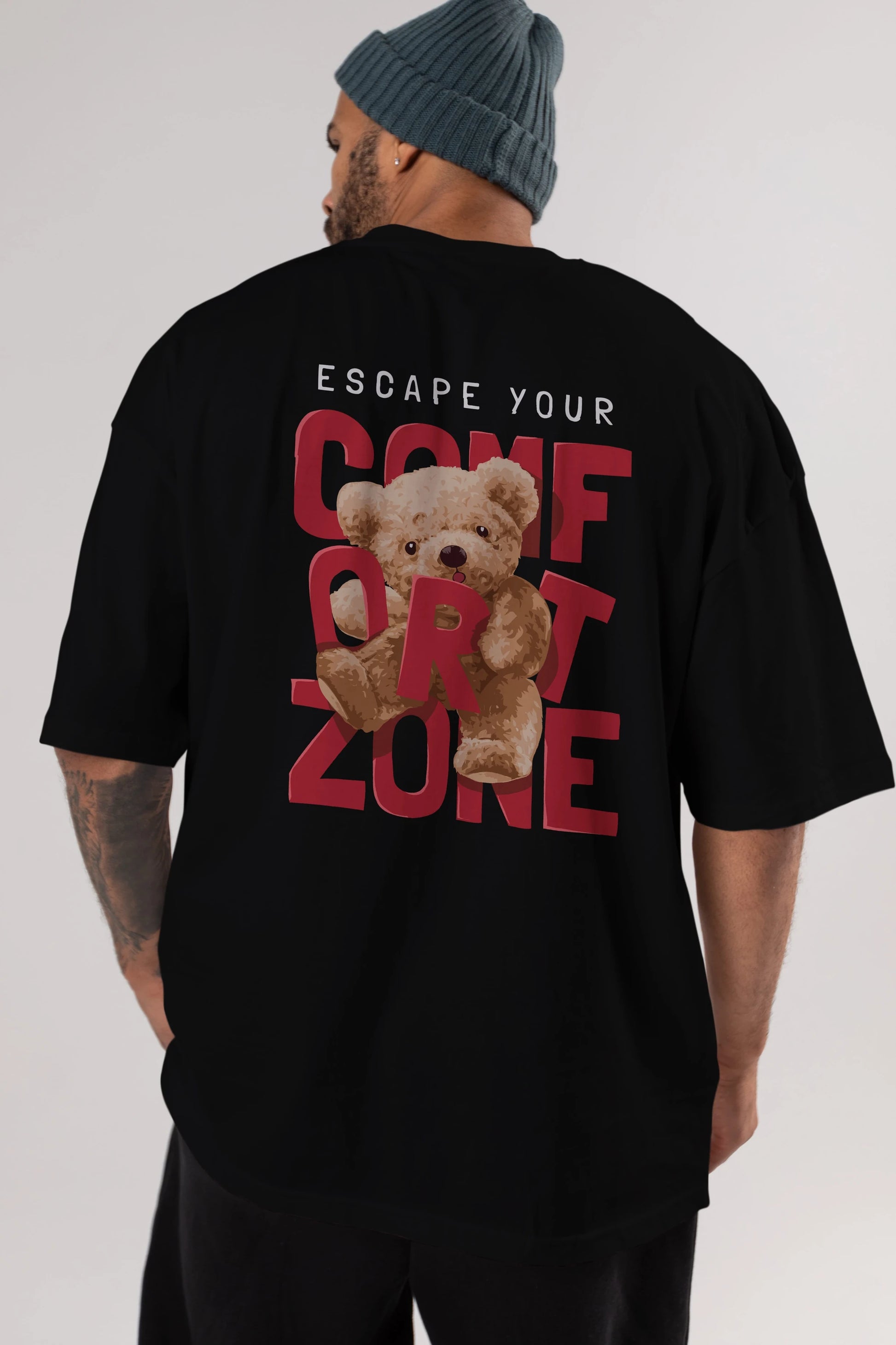Teddy Bear Escape Comfort Zone Arka Baskılı Oversize t-shirt Erkek Kadın Unisex %100 Pamuk
