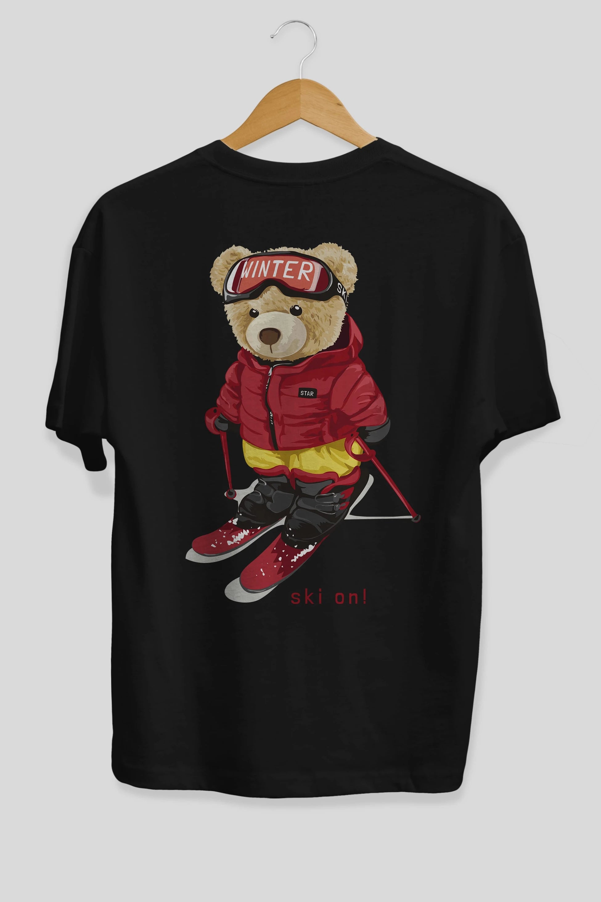 Teddy Bear Ski On Arka Baskılı Oversize t-shirt Erkek Kadın Unisex %100 Pamuk