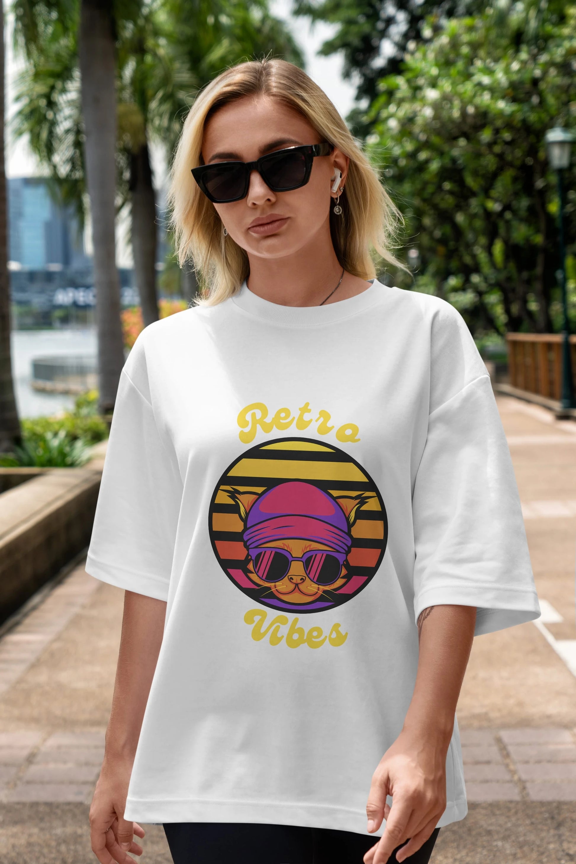 Cat Retro Vibes Ön Baskılı Oversize t-shirt Erkek Kadın Unisex