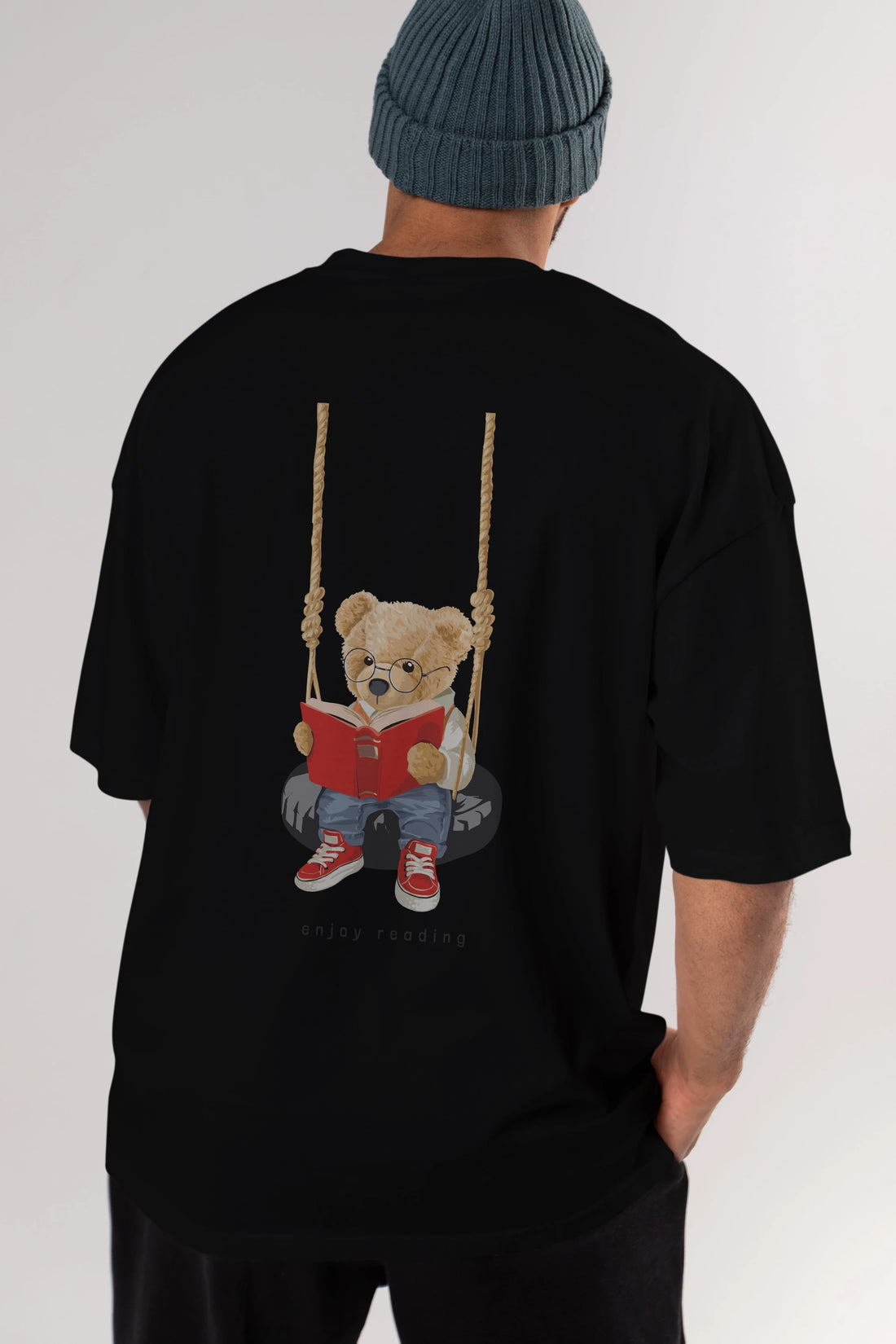 Teddy Bear Enjoy Reading Arka Baskılı Oversize t-shirt Erkek Kadın Unisex %100 Pamuk