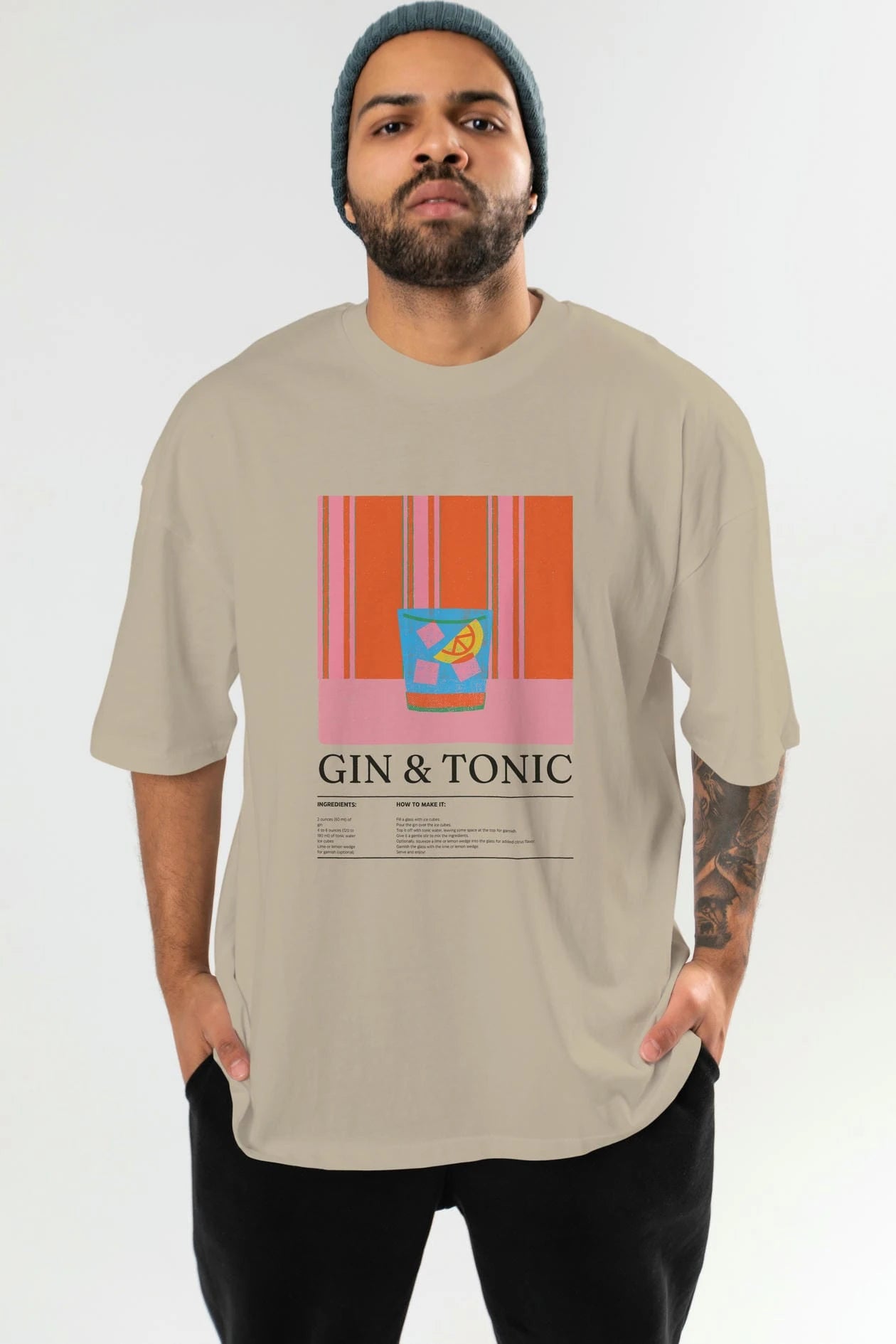 Gin tonic Kokteyl Ön Baskılı Oversize t-shirt Erkek Kadın %100 Pamuk Bisiklet Yaka tişort