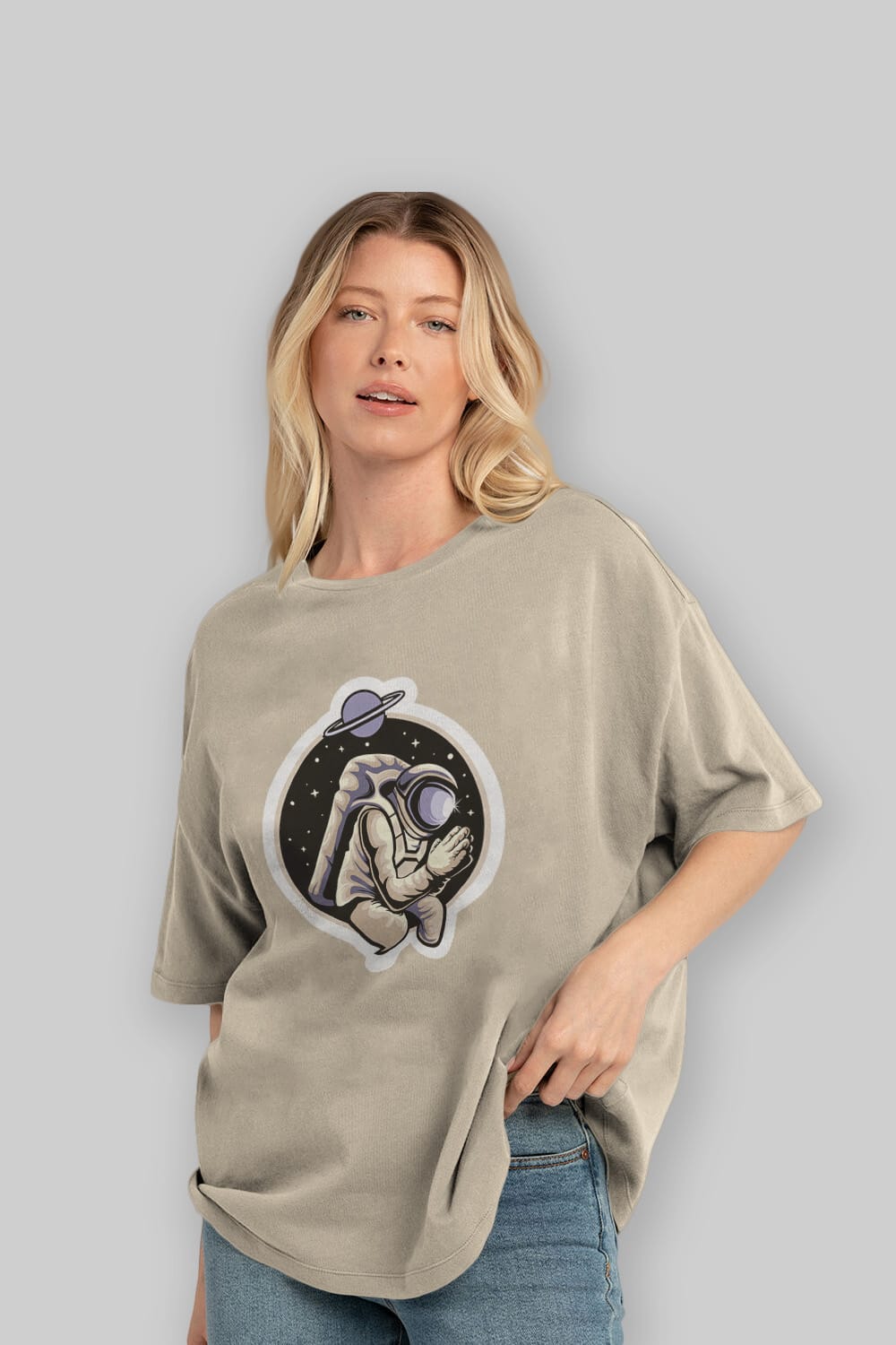 Astronaut Praying Sticker Ön Baskılı Oversize t-shirt Erkek Kadın Unisex