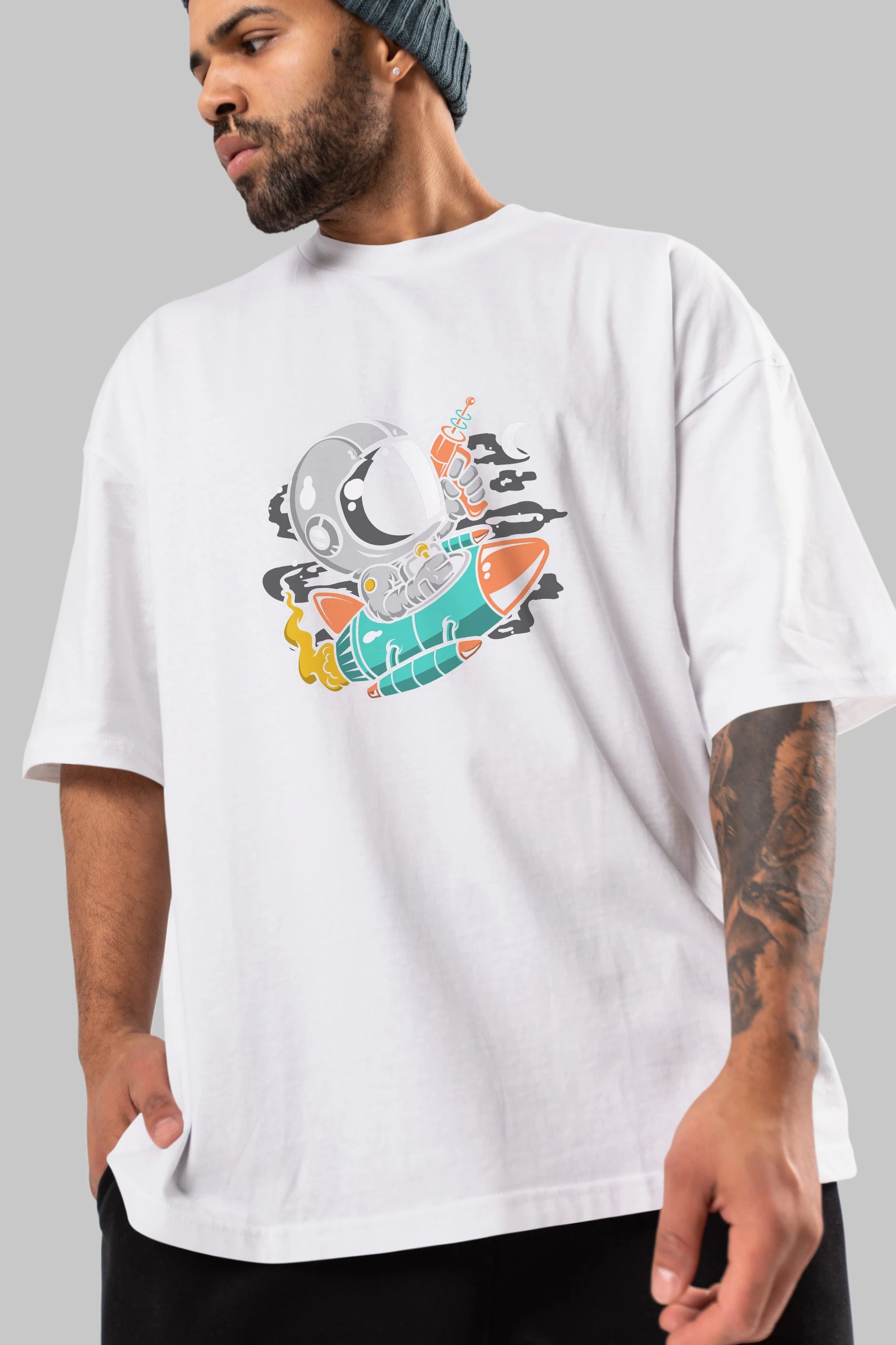 Astronaut Riding Rocket Ön Baskılı Oversize t-shirt Erkek Kadın Unisex