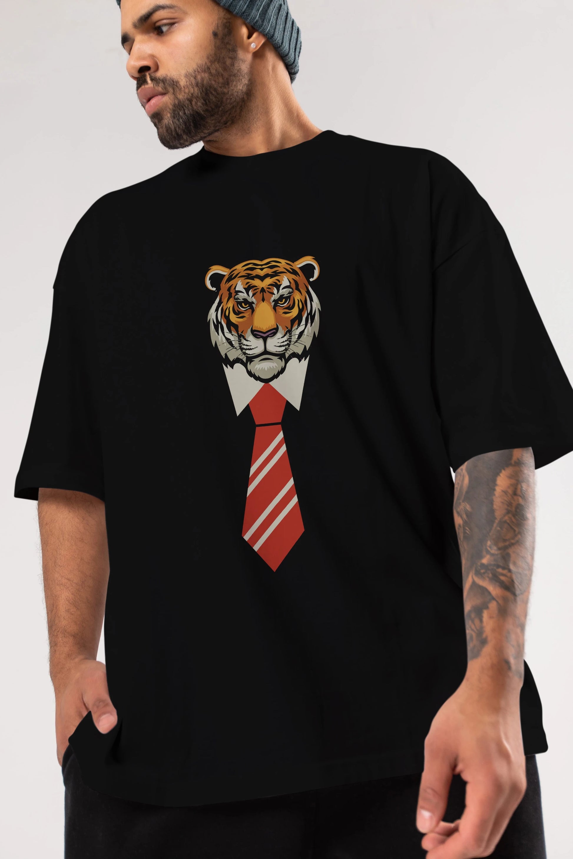 Tiger With Tie Ön Baskılı Oversize t-shirt Erkek Kadın Unisex