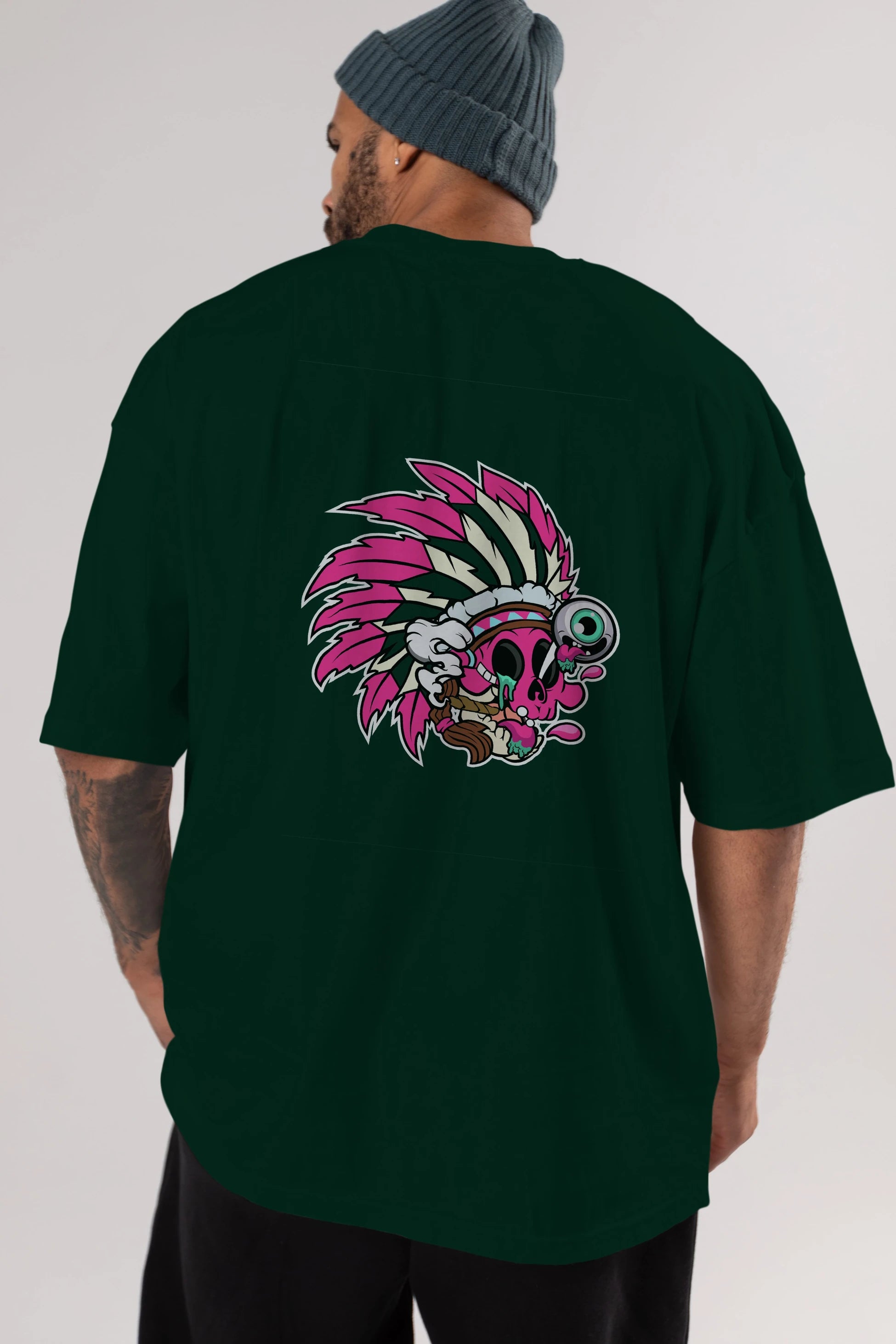 Skull Indian Arka Baskılı Oversize t-shirt Erkek Kadın Unisex %100 Pamuk tişort