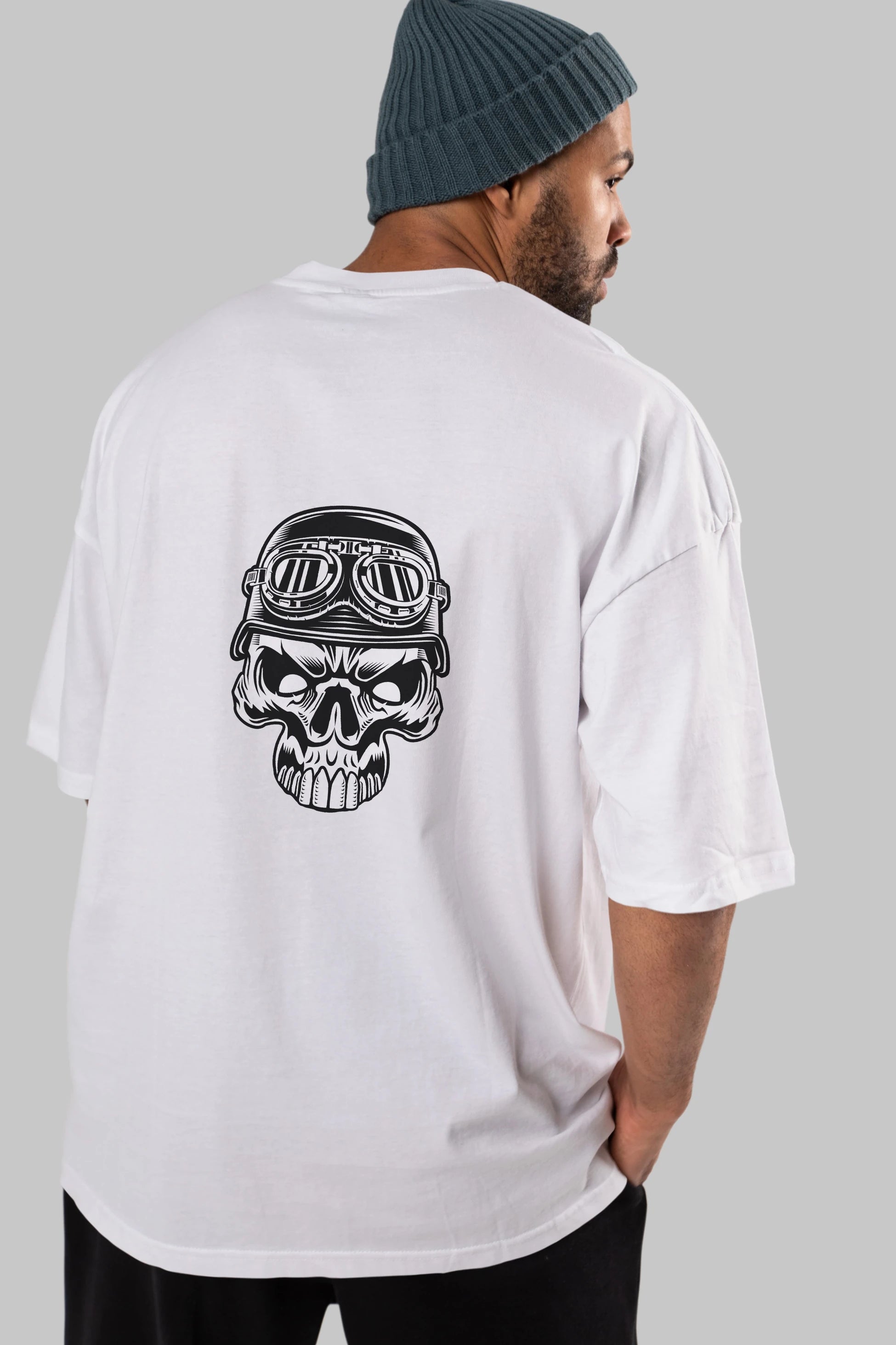 Biker Skull Helmet Arka Baskılı Oversize t-shirt Erkek Kadın Unisex %100 Pamuk tişort