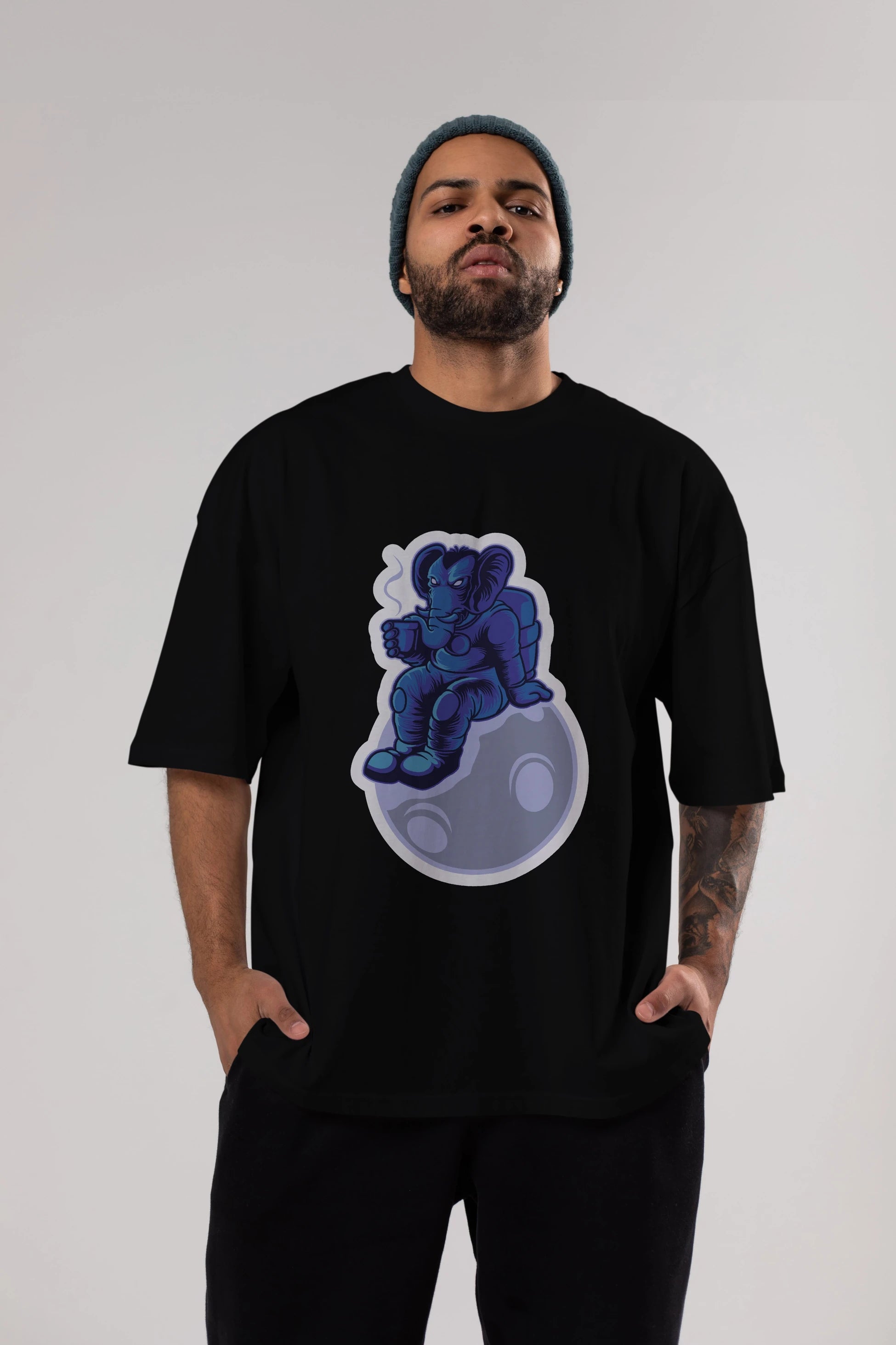 Space Elephant Drink Coffee Sticker Ön Baskılı Oversize t-shirt Erkek Kadın Unisex