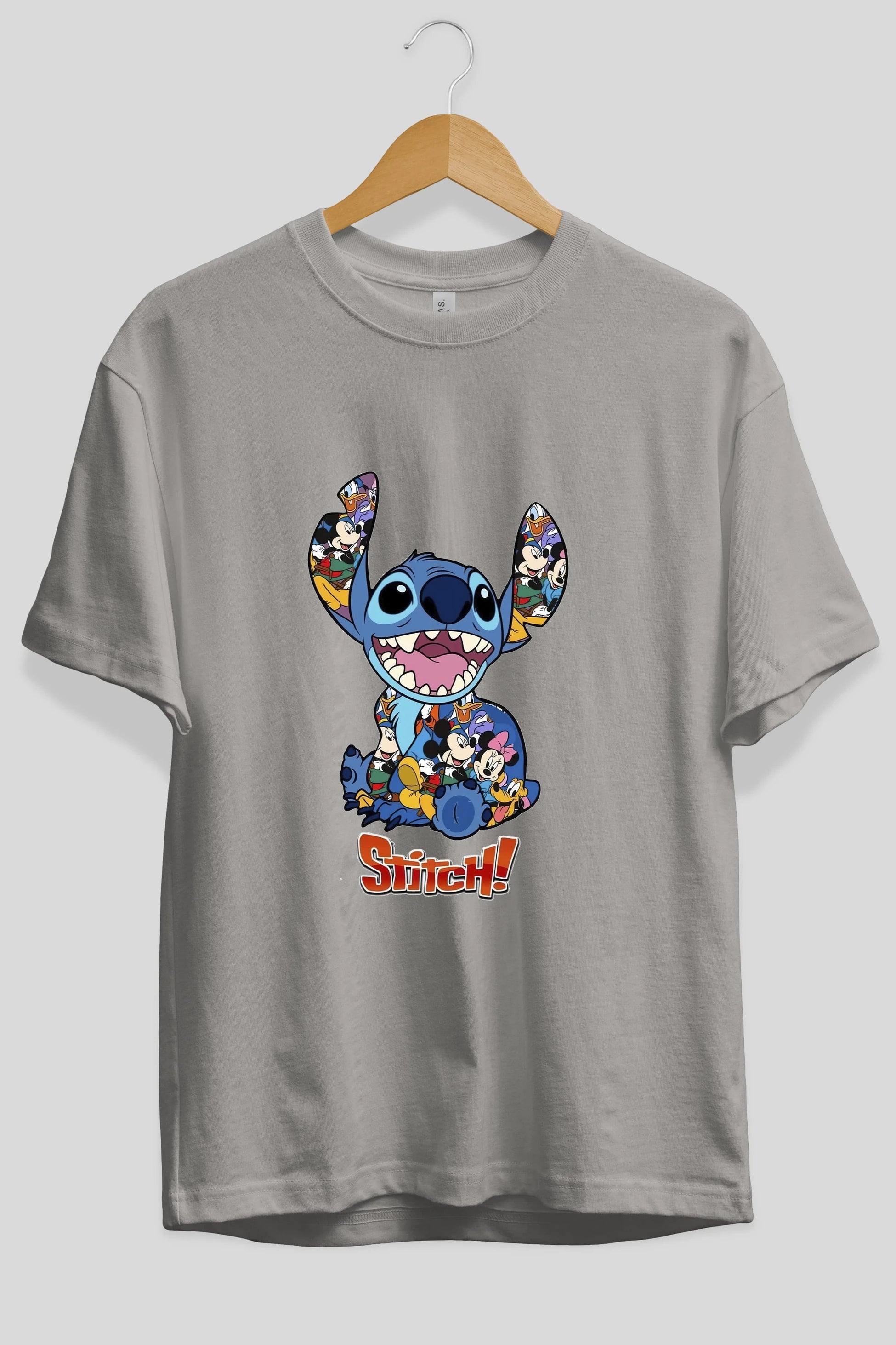 Stitch Ön Baskılı Oversize t-shirt Erkek Kadın Unisex %100 Pamuk Bisiklet Yaka tişort