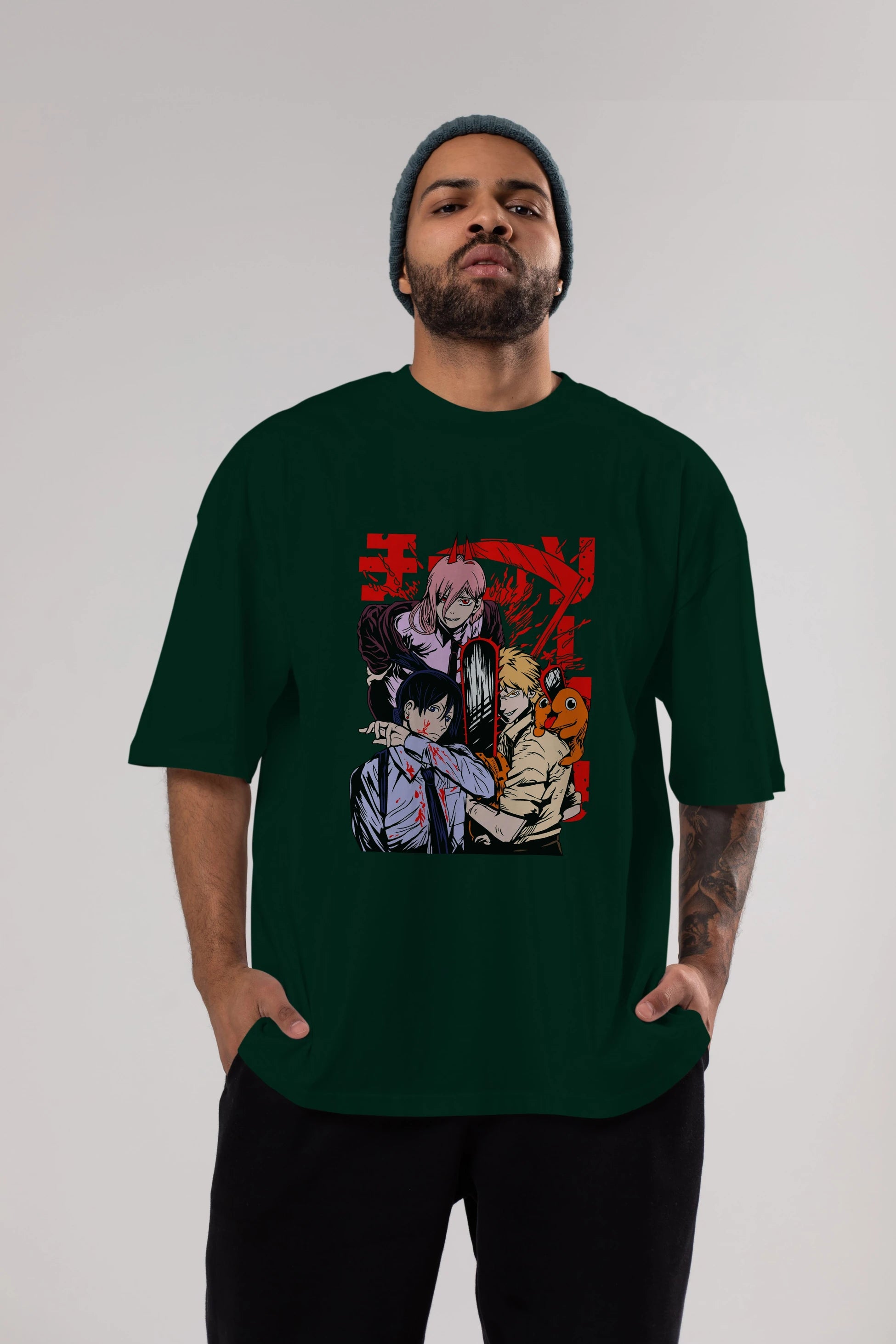 CHAINSAWMAN CREW Anime Ön Baskılı Oversize t-shirt %100 pamuk Erkek Kadın Unisex