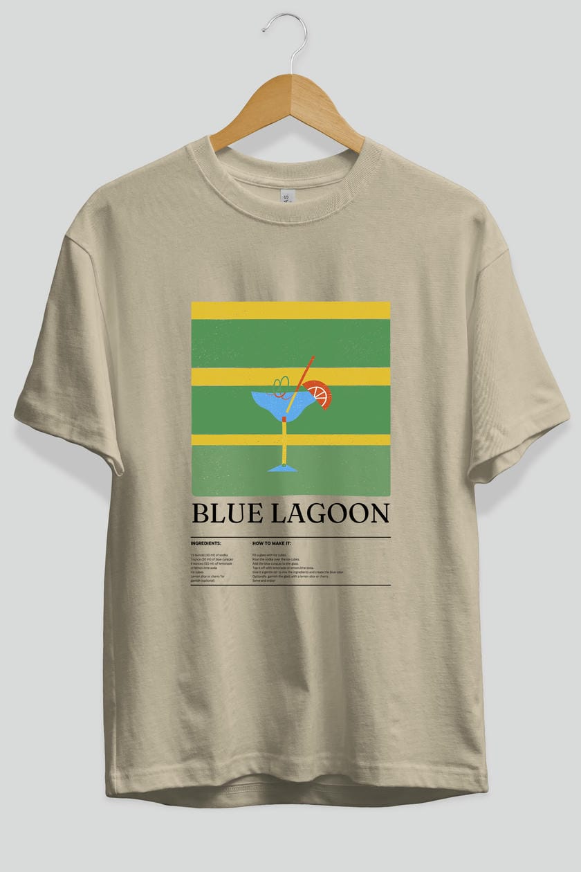 Blue Lagoon Kokteyl Ön Baskılı Oversize t-shirt Erkek Kadın %100 Pamuk Bisiklet Yaka tişort