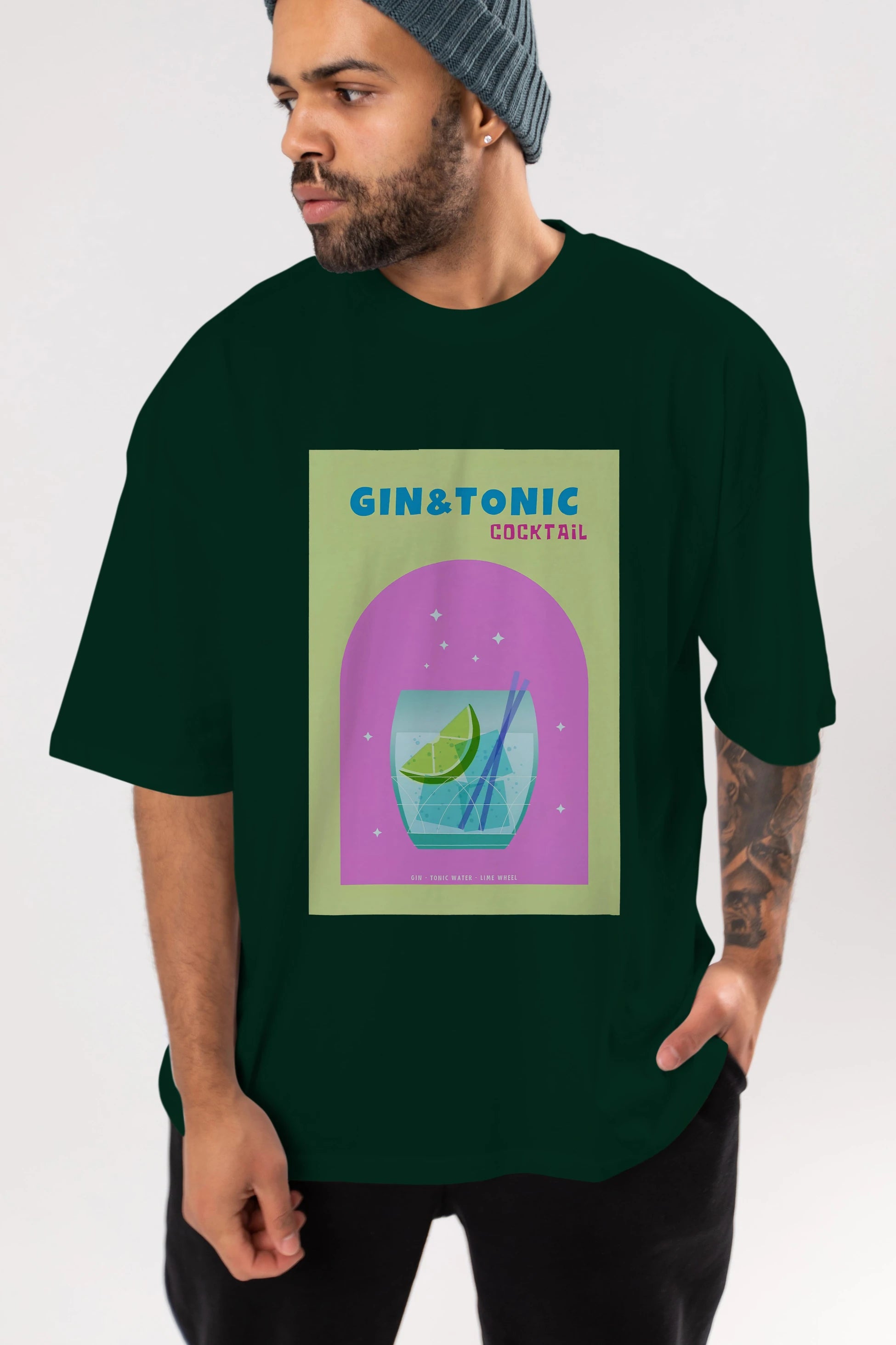 Gin Tonic Cocktail Ön Baskılı Oversize t-shirt Erkek Kadın Unisex %100 Pamuk Bisiklet Yaka tişort
