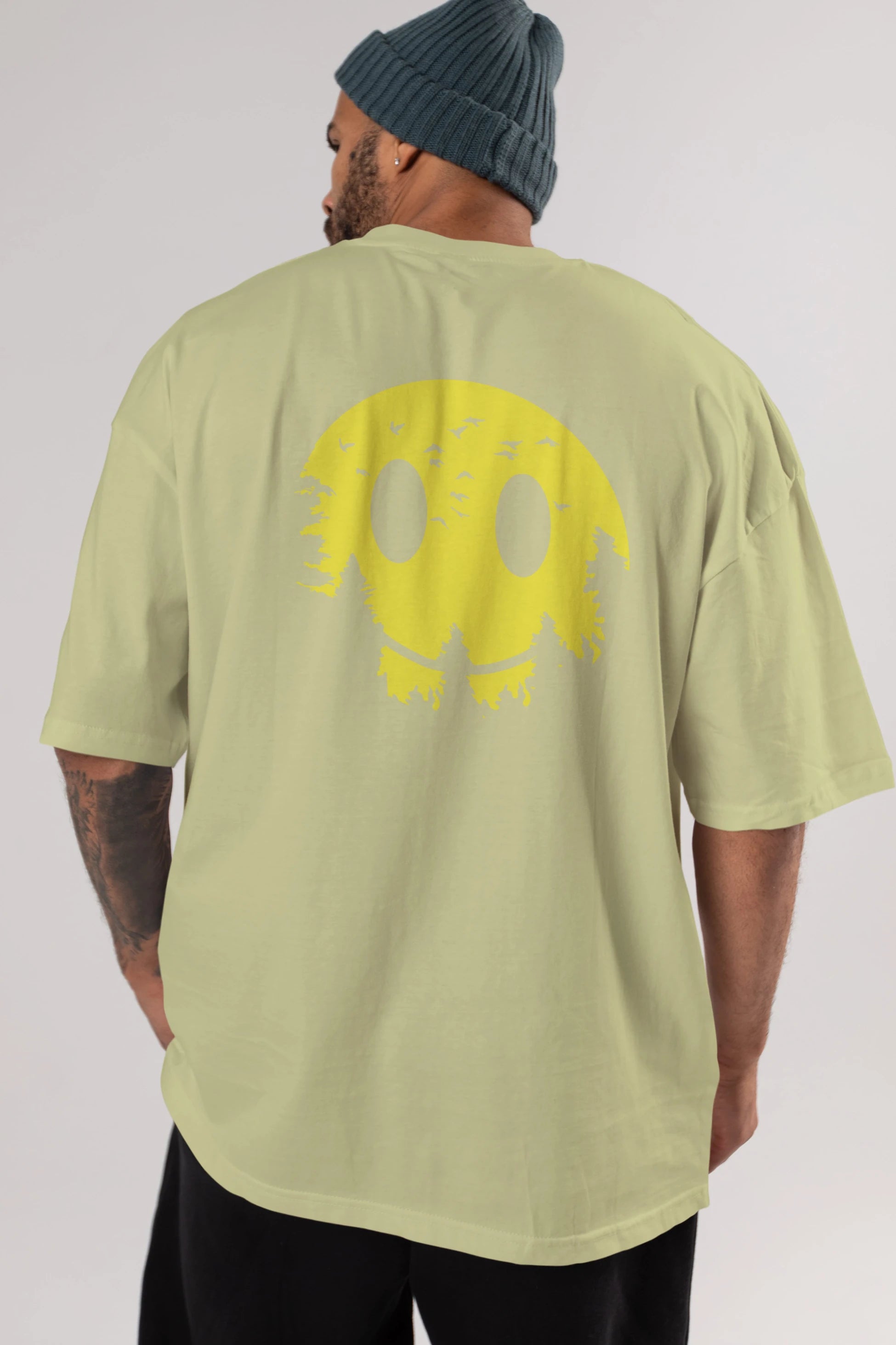Smiley Moon Arka Baskılı Oversize t-shirt %100 pamuk Erkek Kadın Unisex