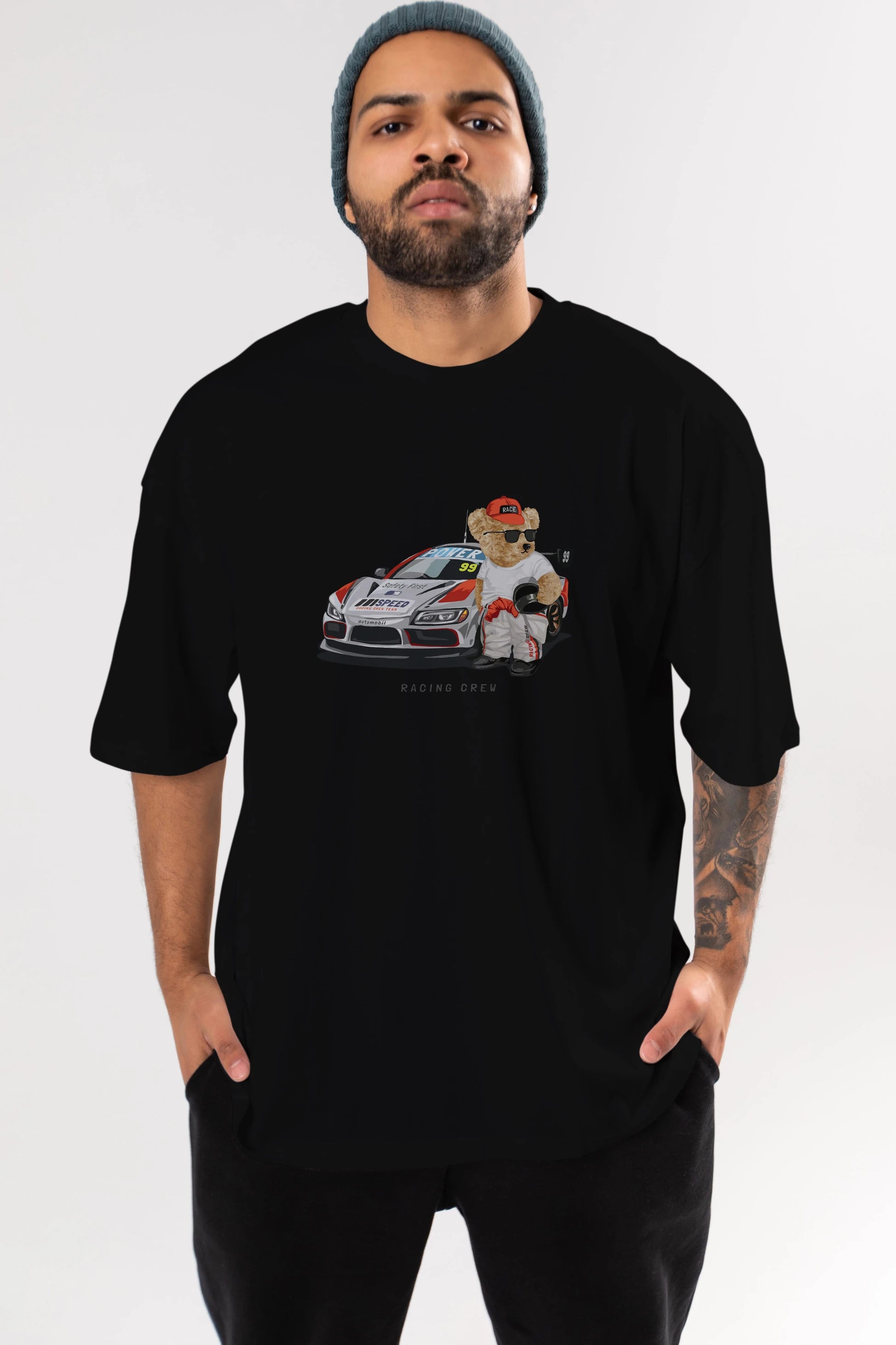 Teddy Bear Racing Crew Ön Baskılı Oversize t-shirt Erkek Kadın Unisex %100 Pamuk