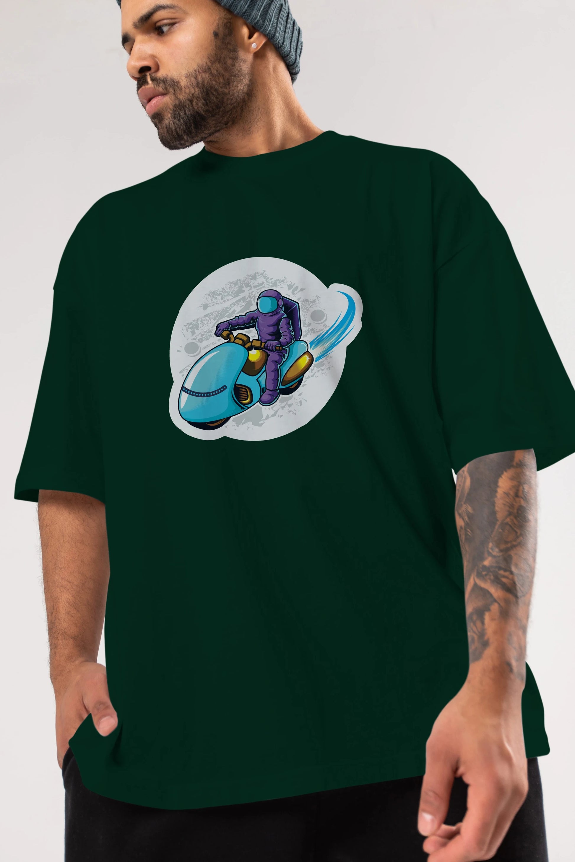 Astrorider in Space Sticker Ön Baskılı Oversize t-shirt Erkek Kadın Unisex