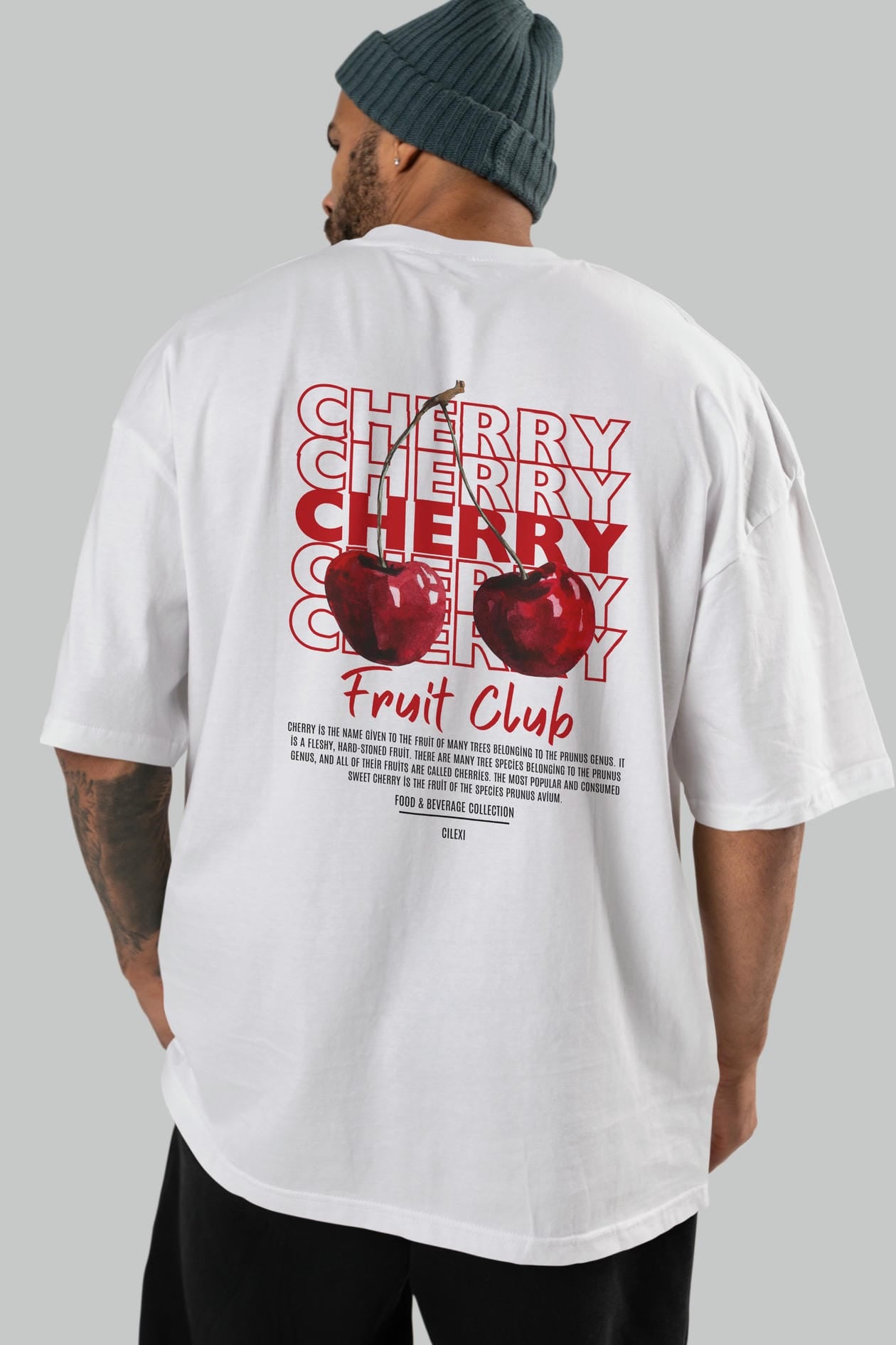 Cherry Arka Baskılı Oversize t-shirt Erkek Kadın Pamuk Bisiklet Yaka tişort