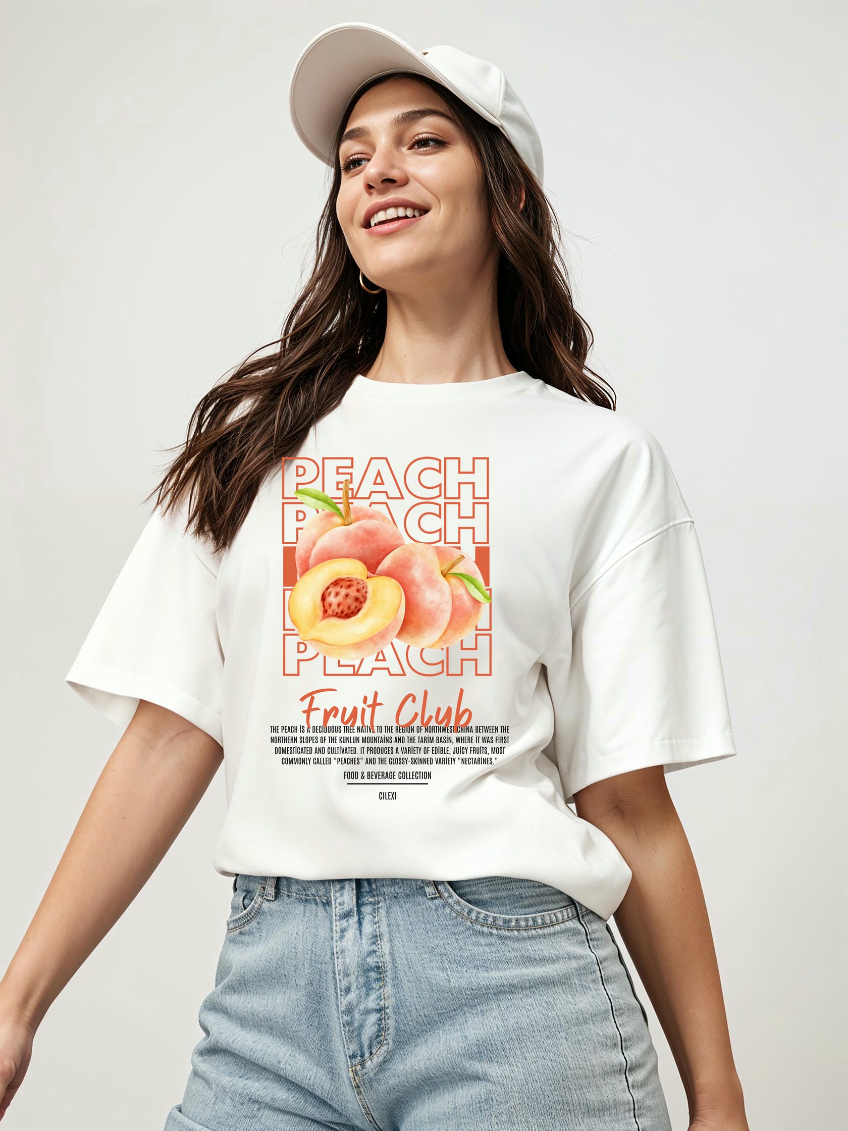 Peach Ön Baskılı Oversize t-shirt Erkek Kadın Pamuk Bisiklet Yaka tişort