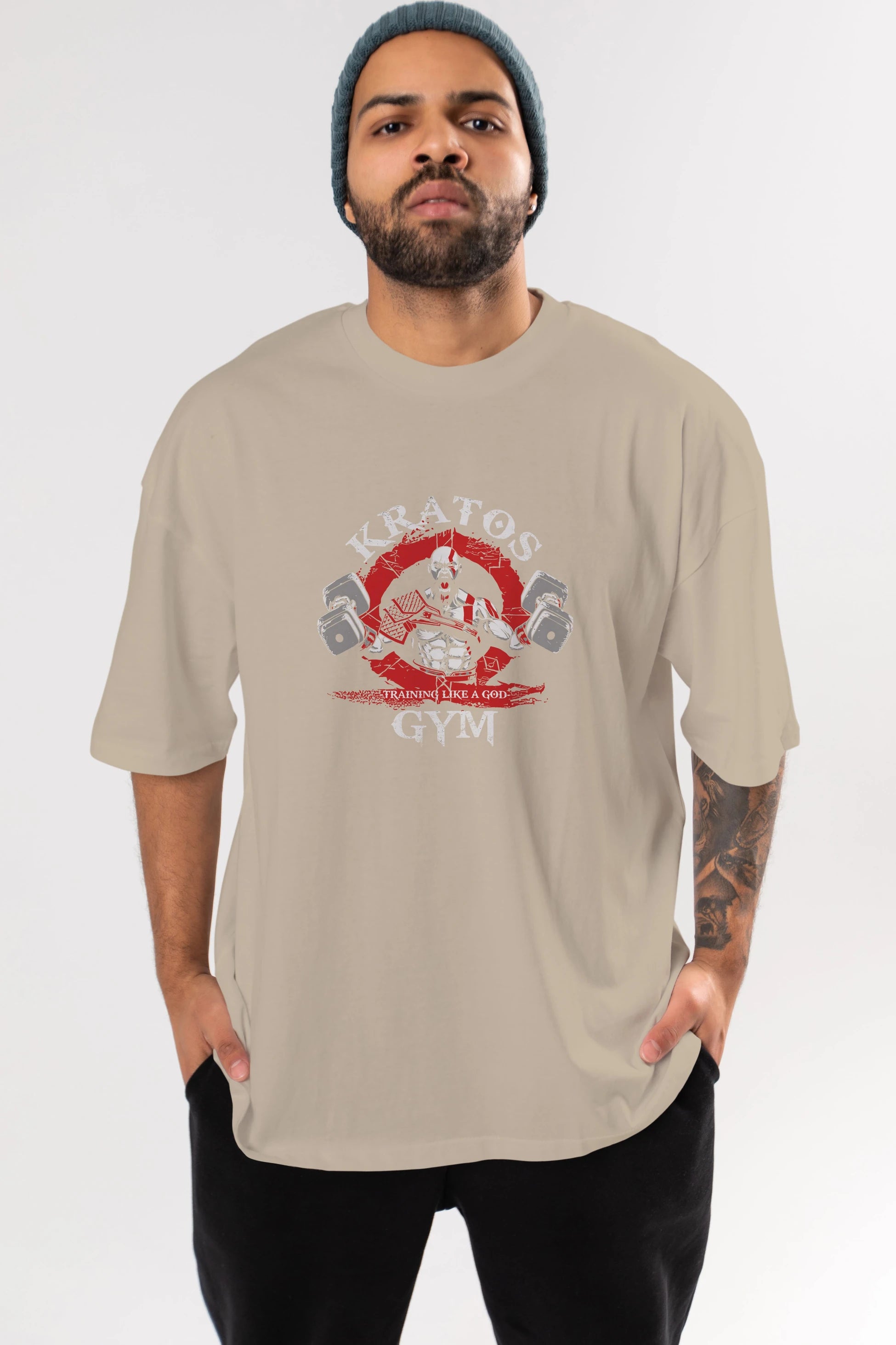Kratos GYM Ön Baskılı Oversize t-shirt Erkek Kadın Unisex %100 Pamuk Bisiklet Yaka tişort
