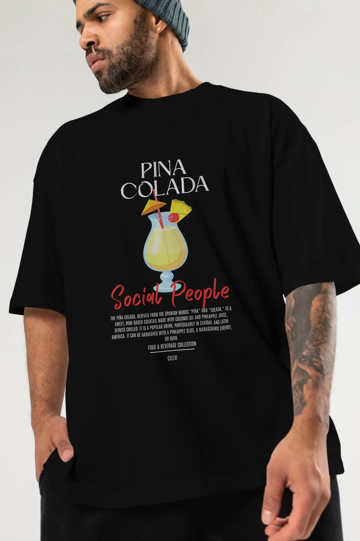 Pına Colada Kokteyl Serisi ön Baskılı Oversize t-shirt Erkek Kadın %100 Pamuk Bisiklet Yaka tişort