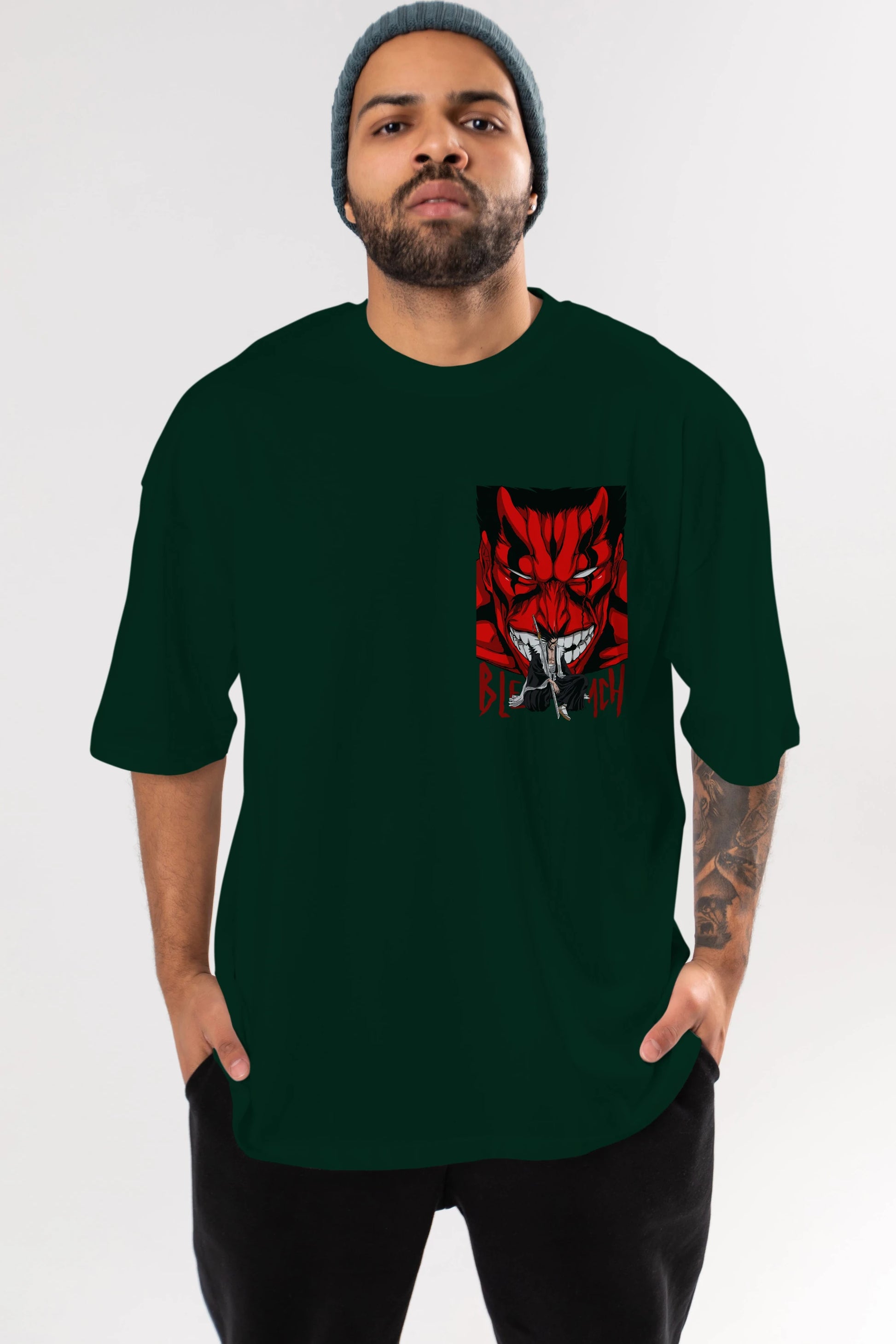KENPACHI ZARAKI BLEACH Ön Sol Baskılı Oversize t-shirt Erkek Kadın Unisex %100 Pamuk Bisiklet Yaka tişort