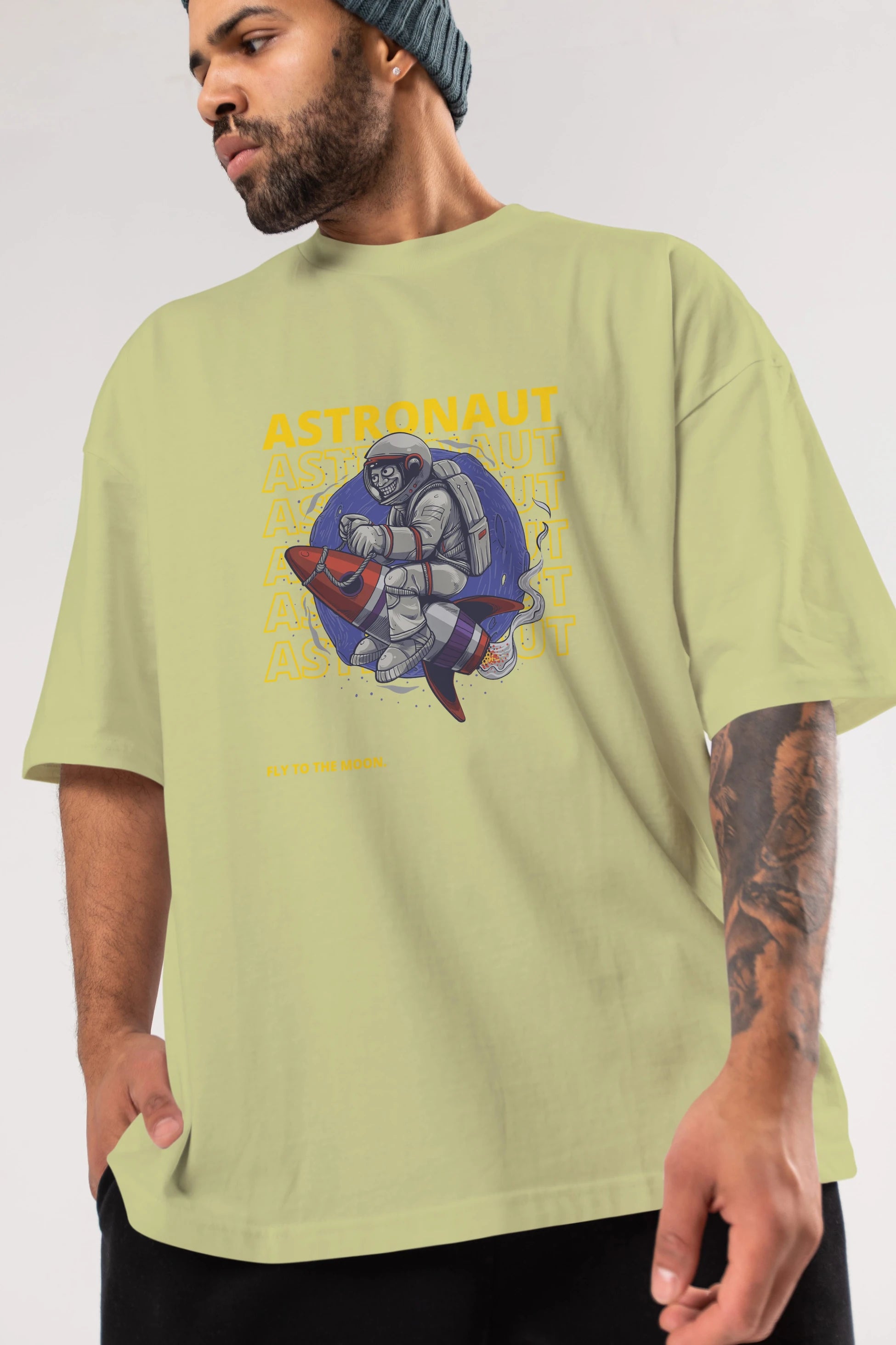 Astronaut Fly to the Moon Yazılı Ön Baskılı Oversize t-shirt Erkek Kadın Unisex