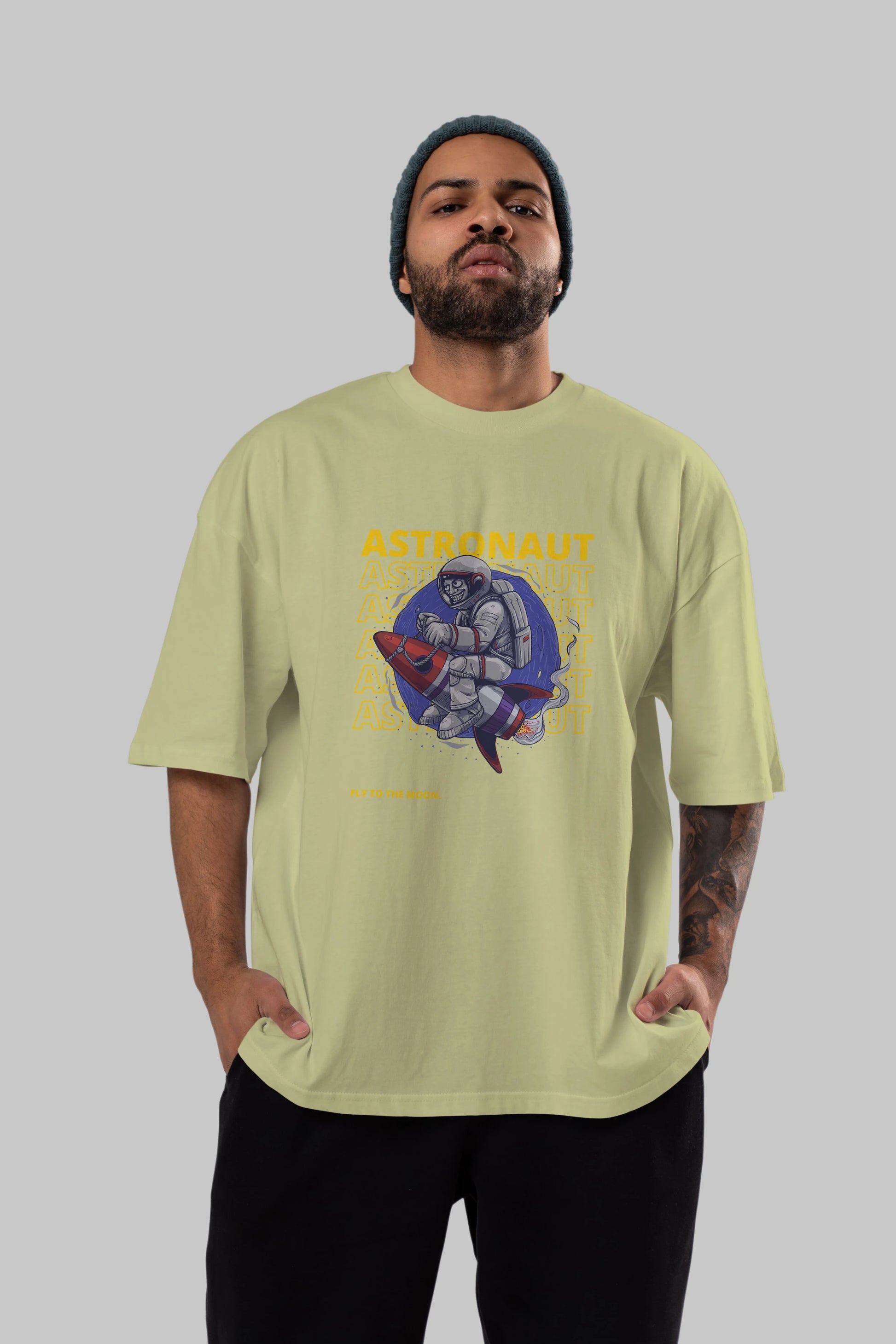 Astronaut Fly to the Moon Yazılı Ön Baskılı Oversize t-shirt Erkek Kadın Unisex