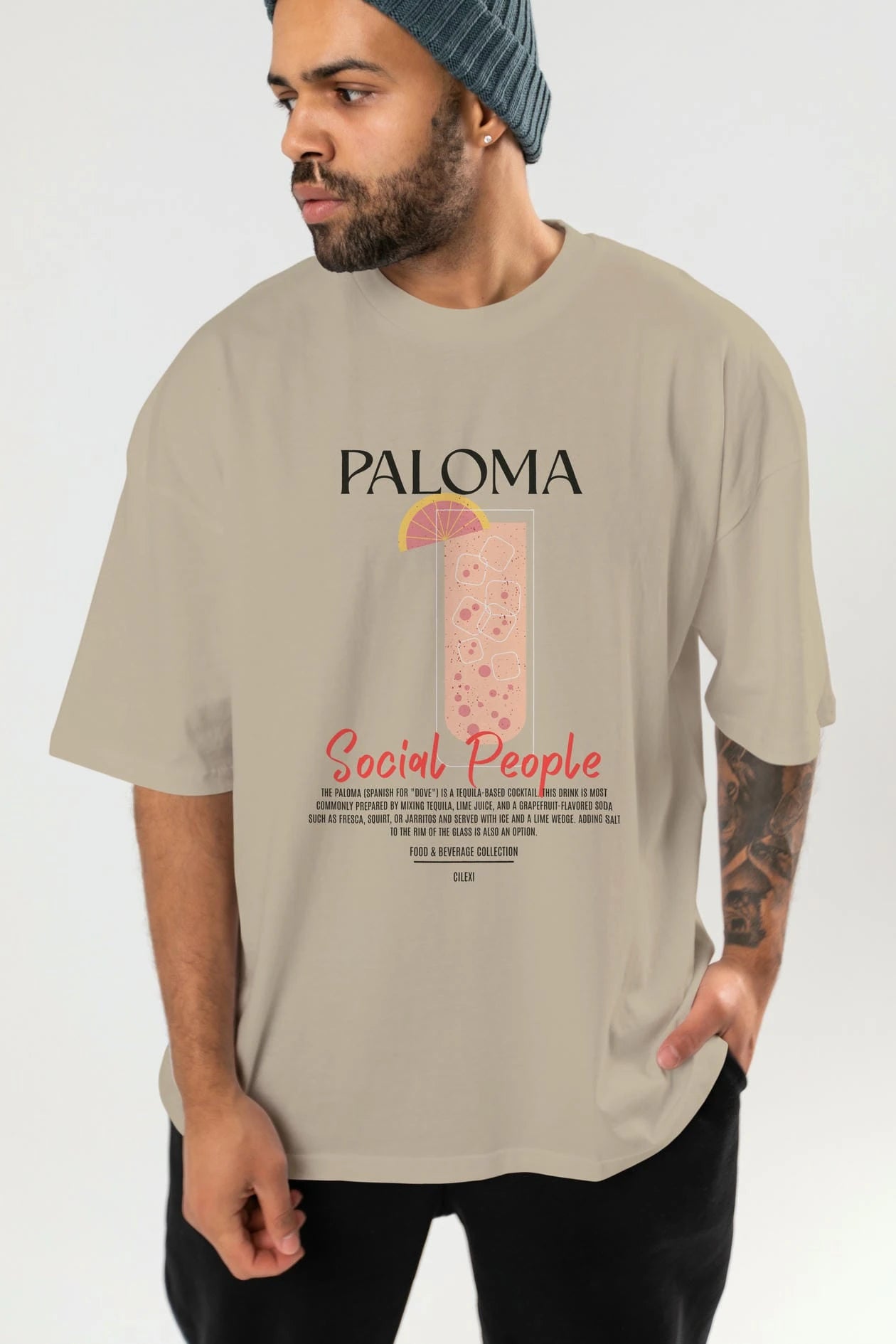 Paloma Kokteyl Serisi ön Baskılı Oversize t-shirt Erkek Kadın %100 Pamuk Bisiklet Yaka tişort