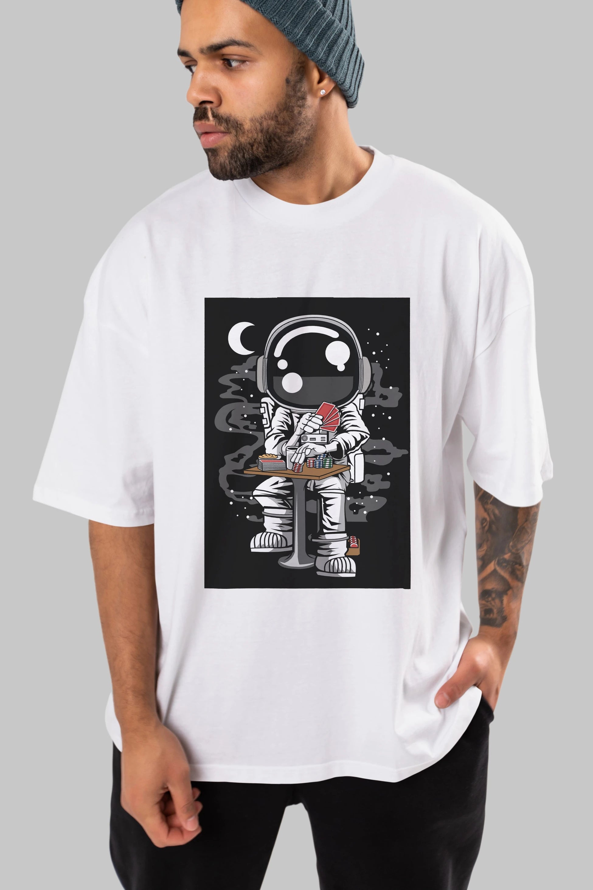 Astronaut Gambler Ön Baskılı Oversize t-shirt Erkek Kadın Unisex