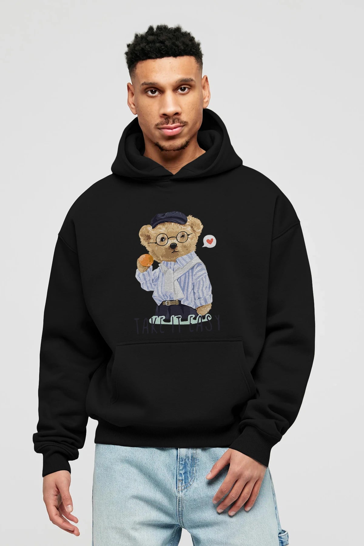 Teddy Bear Take it Easy Ön Baskılı Hoodie Oversize Kapüşonlu Sweatshirt Erkek Kadın Unisex
