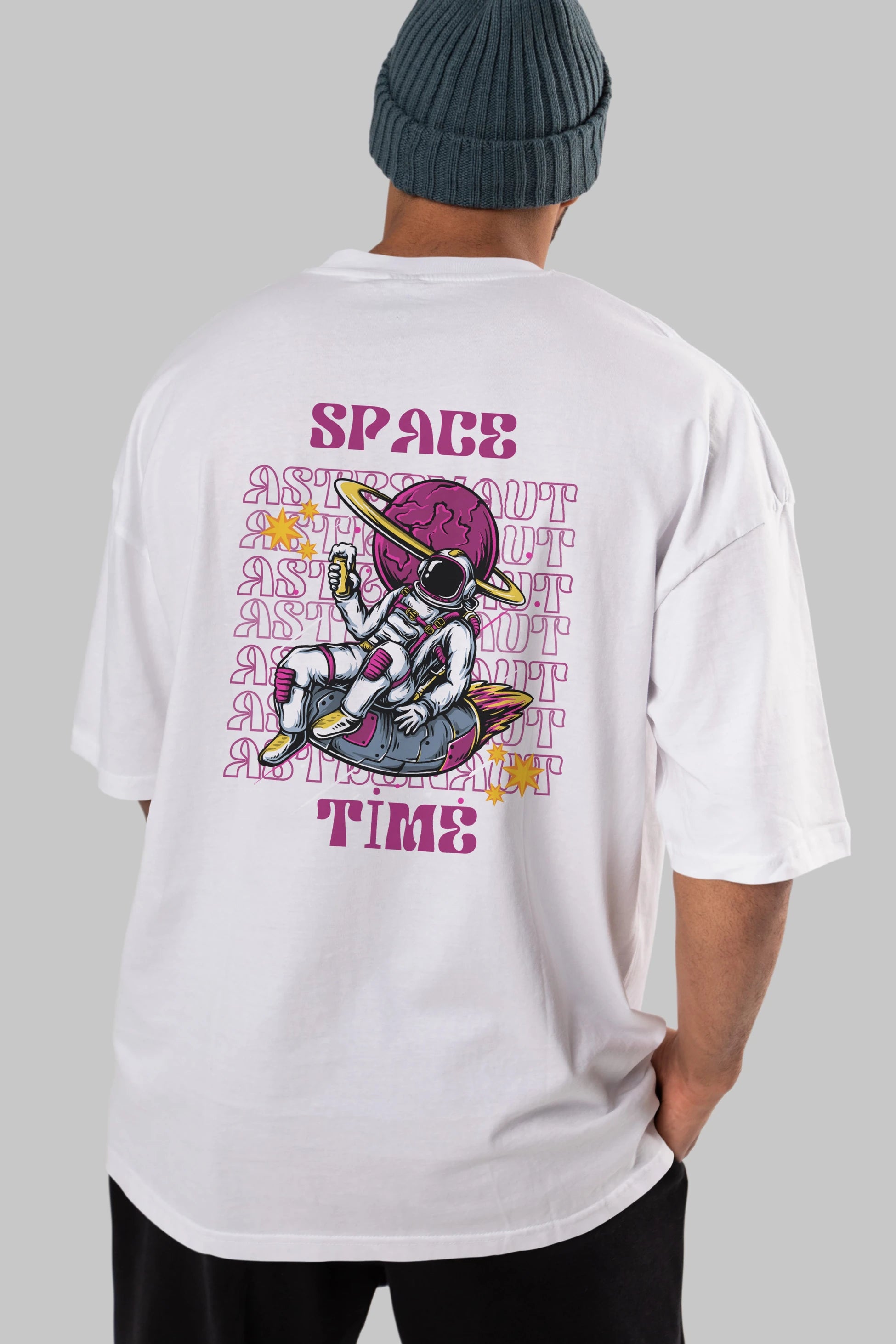 Space Time Astronaut Yazılı Arka Baskılı Oversize t-shirt Erkek Kadın Unisex