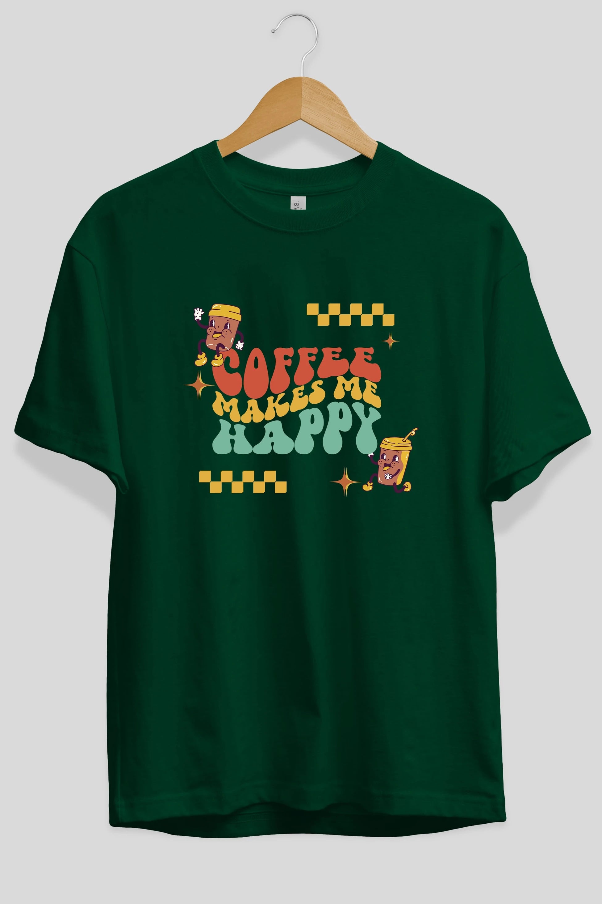 Coffee Makes Me Happy Yazılı Ön Baskılı Oversize t-shirt Erkek Kadın Unisex