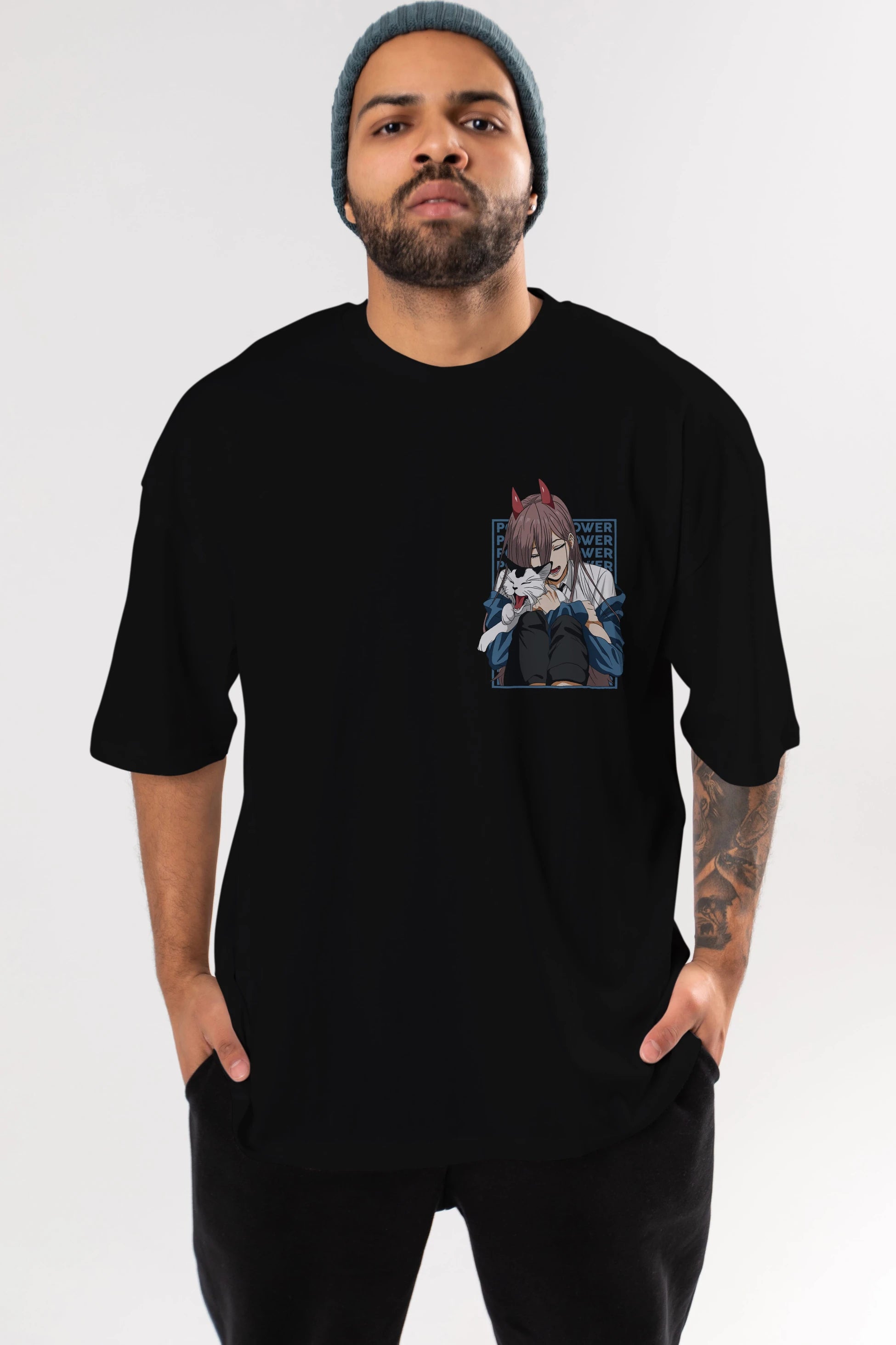 POWER CHAINSAWMAN Ön Sol Baskılı Oversize t-shirt Erkek Kadın Unisex %100 Pamuk Bisiklet Yaka tişort
