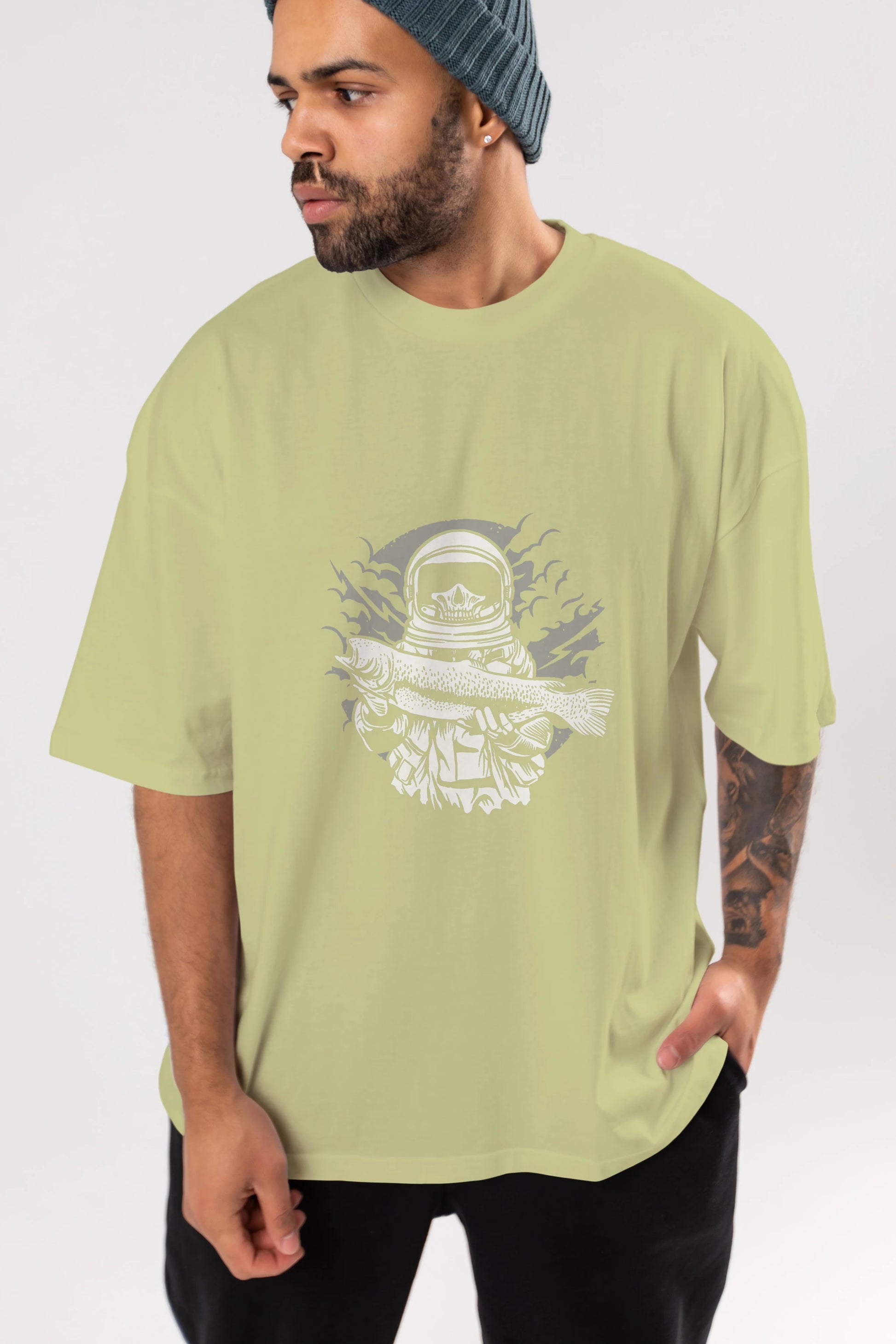Astronaut Fishing Ön Baskılı Oversize t-shirt Erkek Kadın Unisex %100 Pamuk tişort