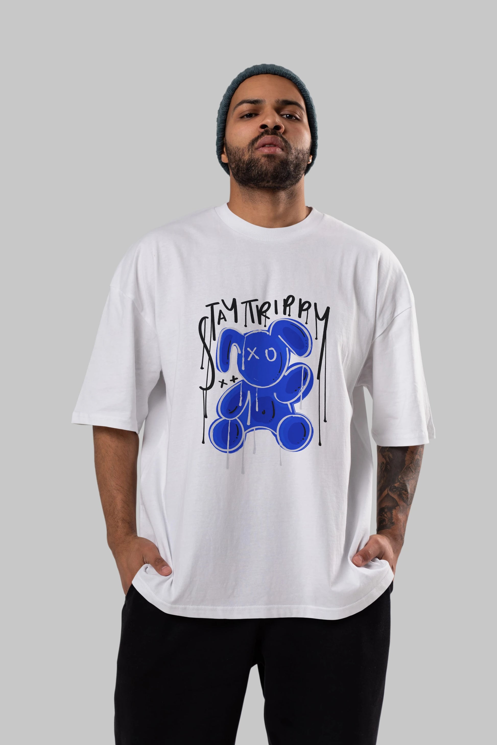 Stay Trippy Bear Ön Baskılı Oversize t-shirt Erkek Kadın Unisex