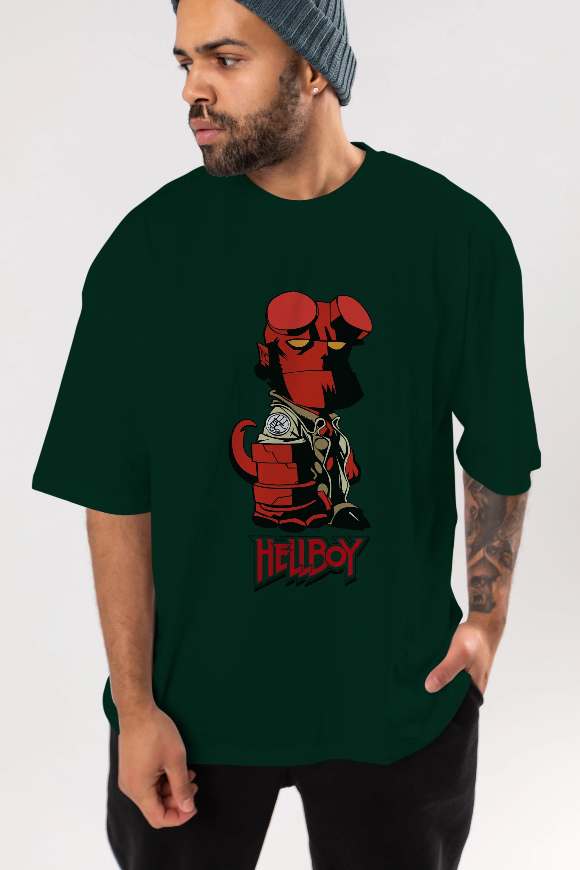 Hellboy (1) Ön Baskılı Oversize t-shirt Erkek Kadın Unisex %100 Pamuk Bisiklet Yaka tişort