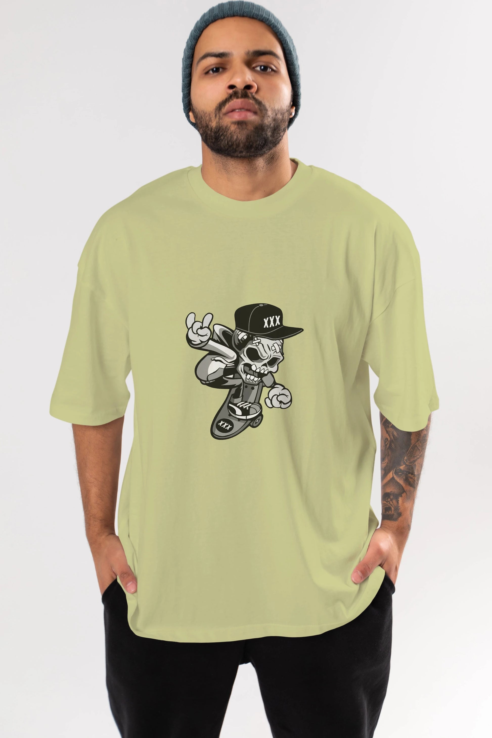 Skull Skateboard Ön Baskılı Oversize t-shirt Erkek Kadın Unisex %100 Pamuk tişort