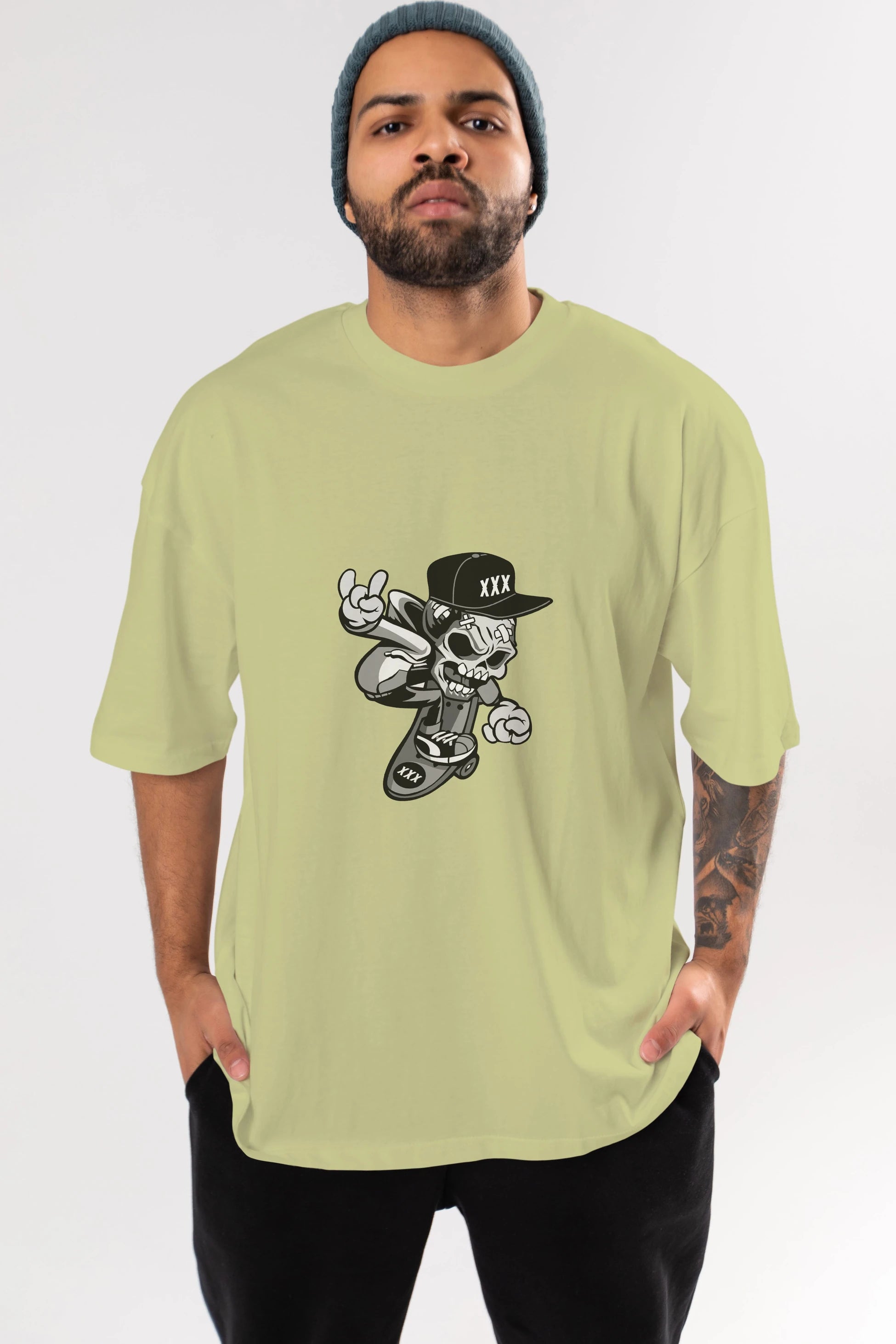 Skull Skateboard Ön Baskılı Oversize t-shirt Erkek Kadın Unisex %100 Pamuk tişort