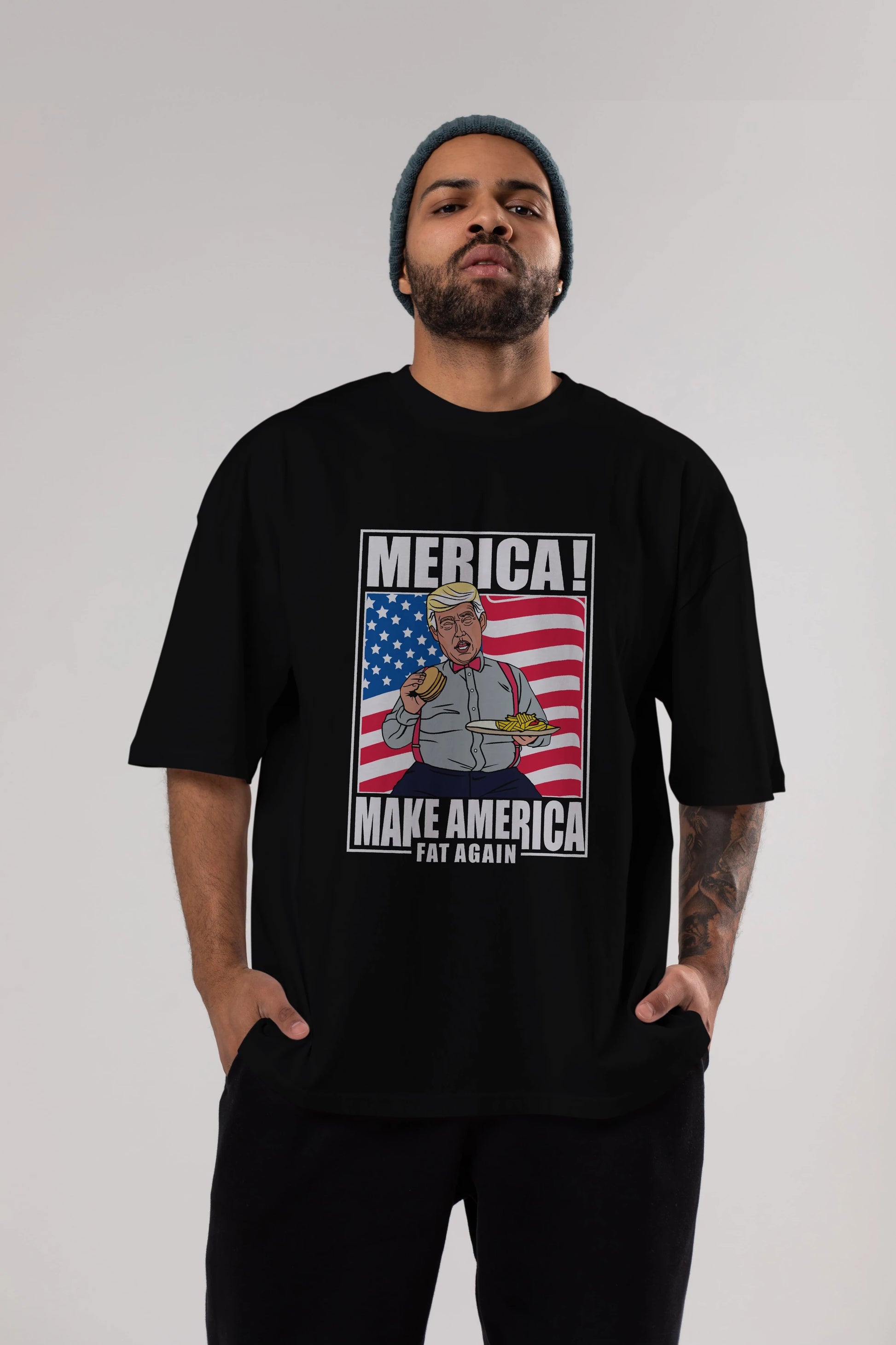 Trump Burger Ön Baskılı Oversize t-shirt Erkek Kadın Unisex %100 Pamuk tişort