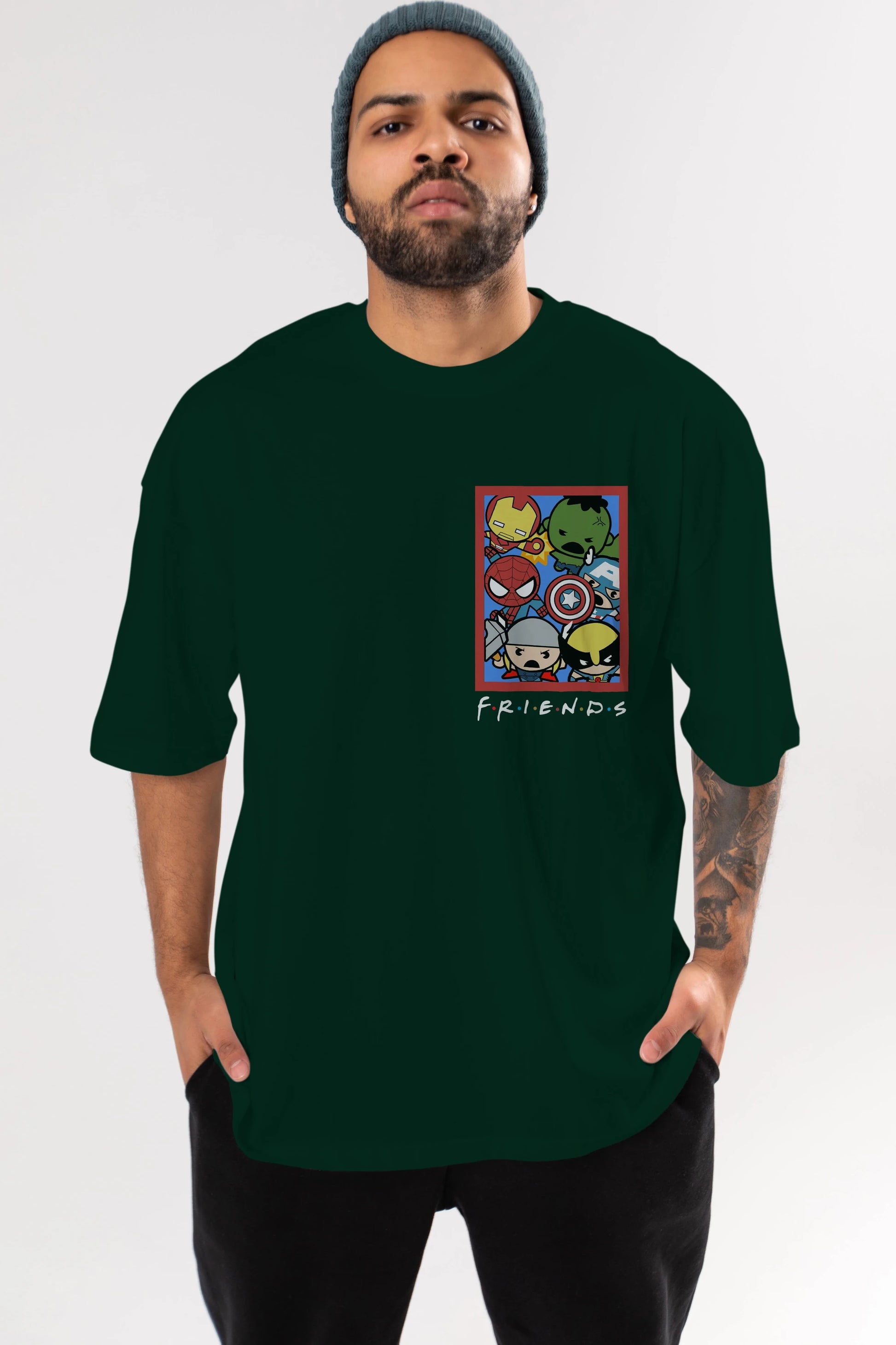 Friends Avenger Ön Sol Baskılı Oversize t-shirt Erkek Kadın Unisex %100 Pamuk Bisiklet Yaka tişort