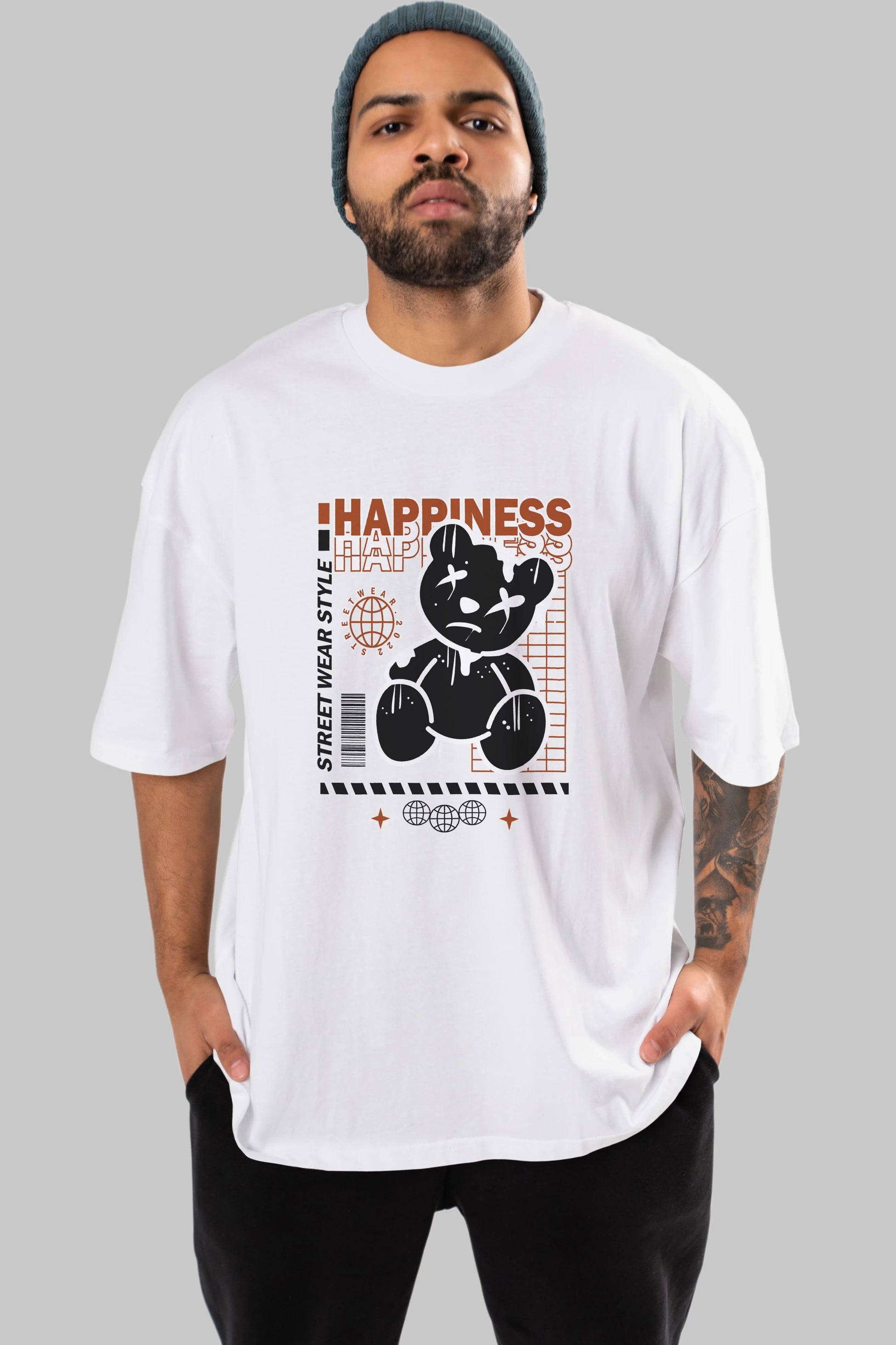 Happiness Bear 2 Ön Baskılı Oversize t-shirt Erkek Kadın Unisex