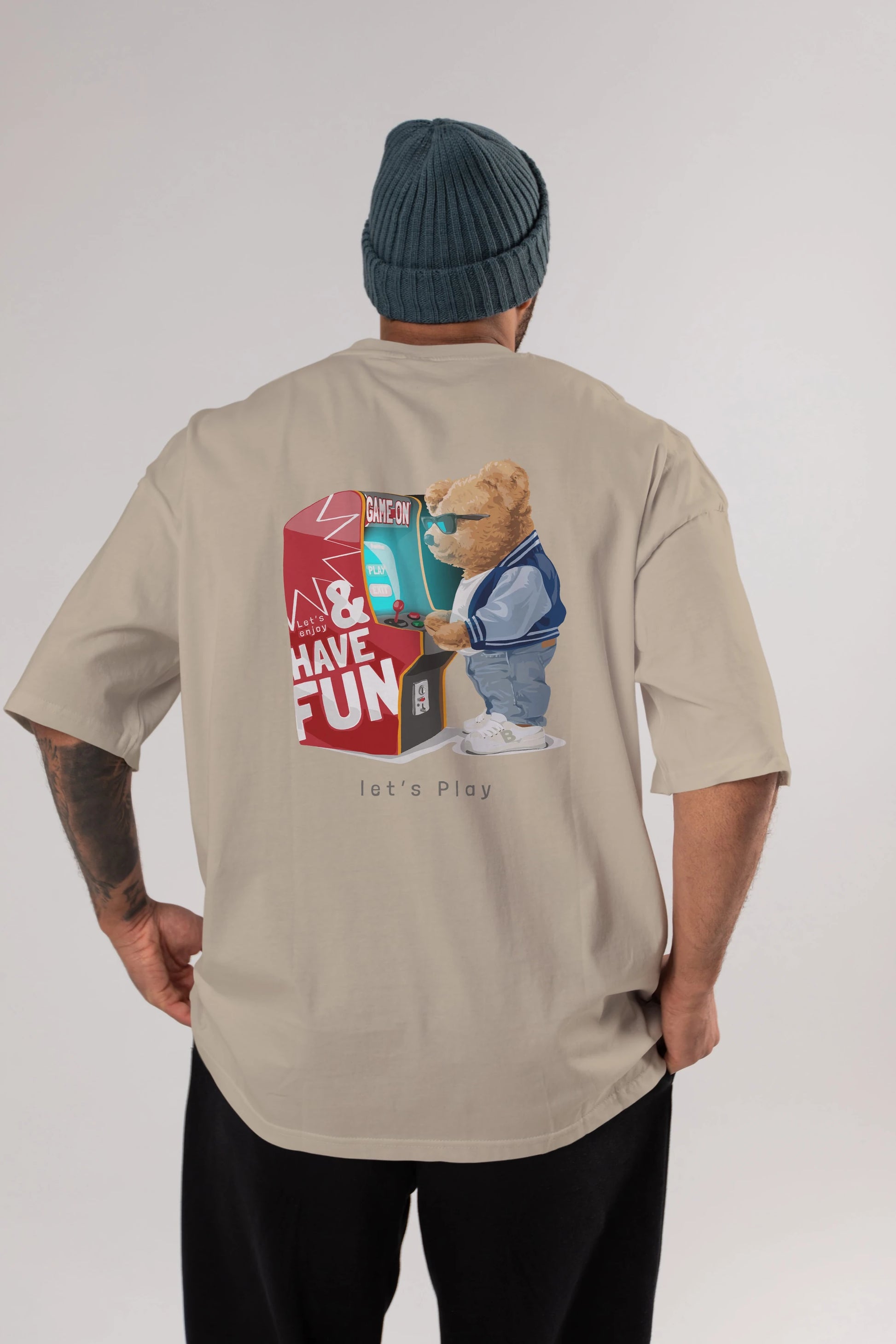 Teddy Bear Lets Play Arka Baskılı Oversize t-shirt Erkek Kadın Unisex %100 Pamuk