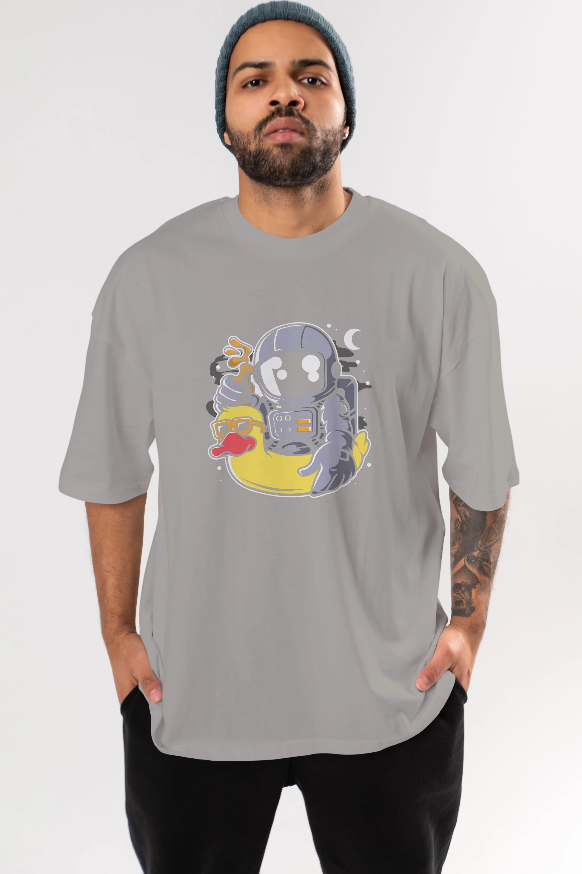 Astronaut Duck Balloon Ön Baskılı Oversize t-shirt Erkek Kadın Unisex