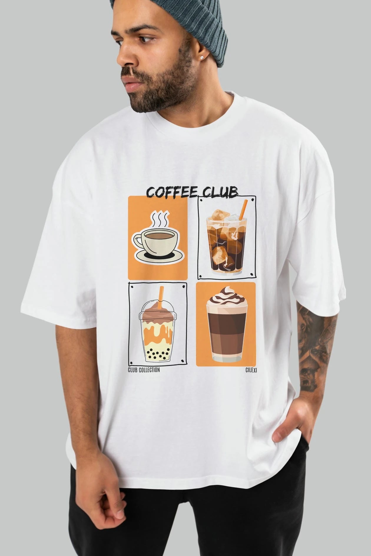 Coffee Club ön Baskılı Oversize t-shirt Erkek Kadın %100 Pamuk Bisiklet Yaka tişort