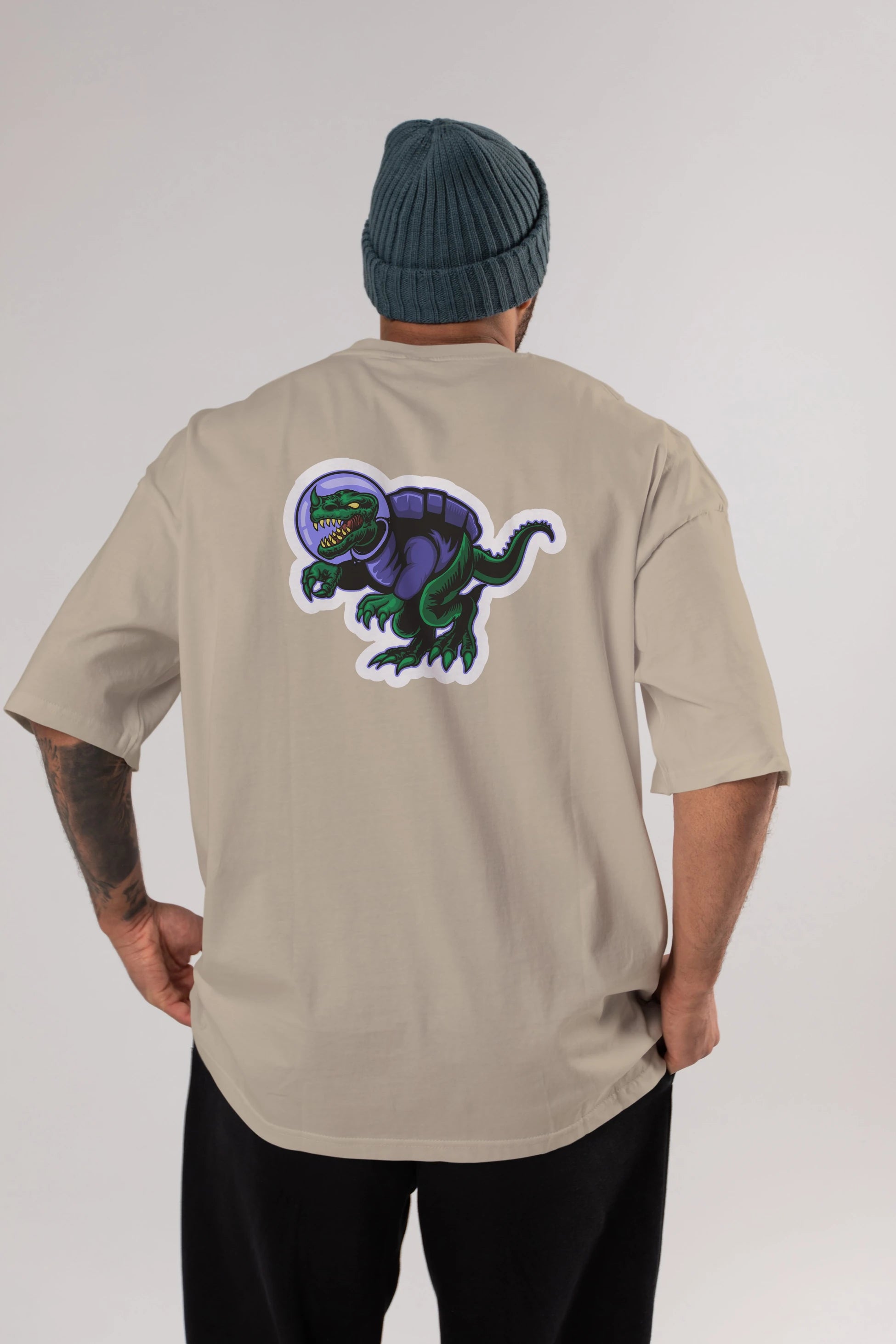 Space Dino Sticker Arka Baskılı Oversize t-shirt Erkek Kadın Unisex