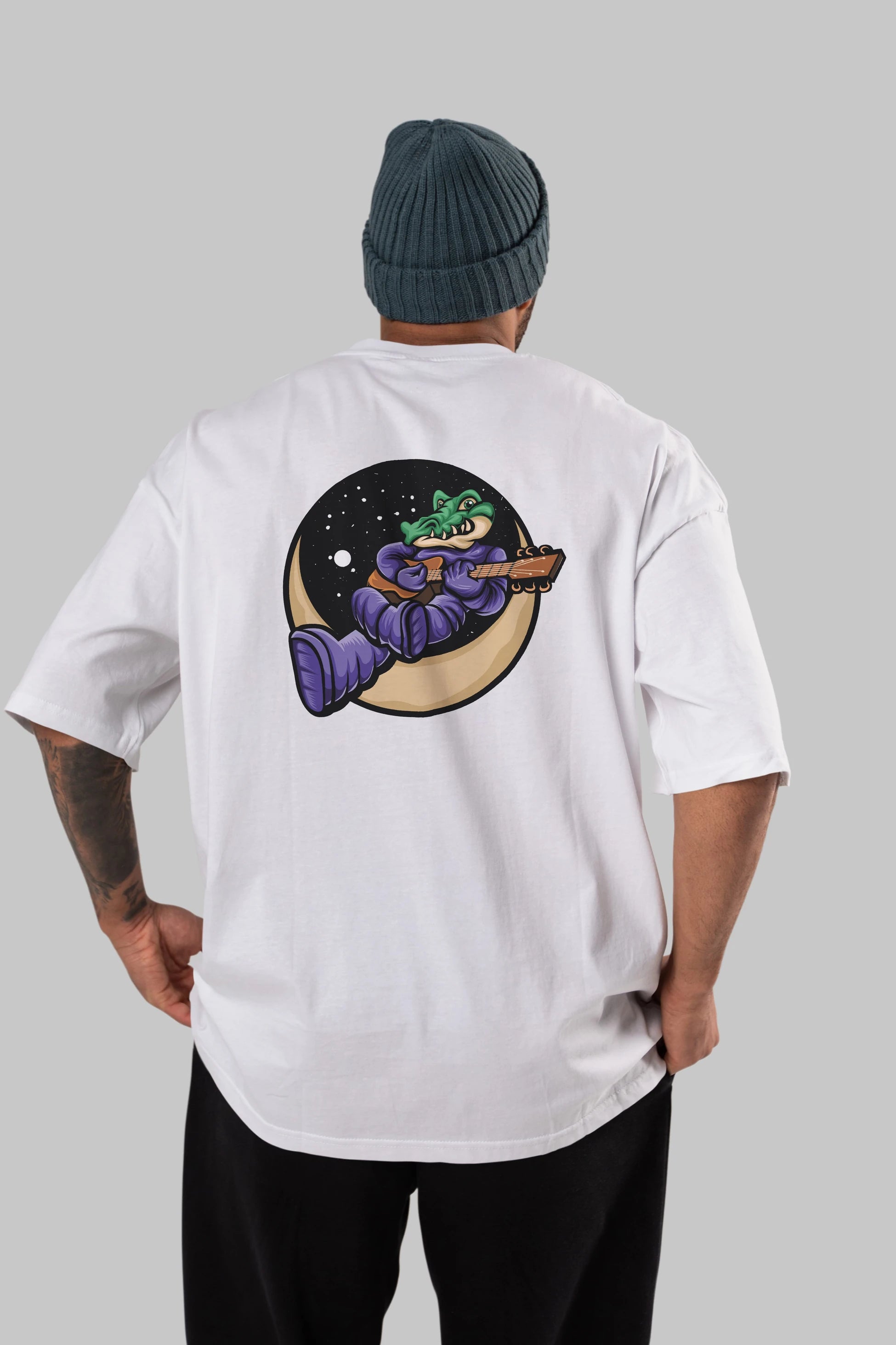 Space Crocodile Arka Baskılı Oversize t-shirt Erkek Kadın Unisex