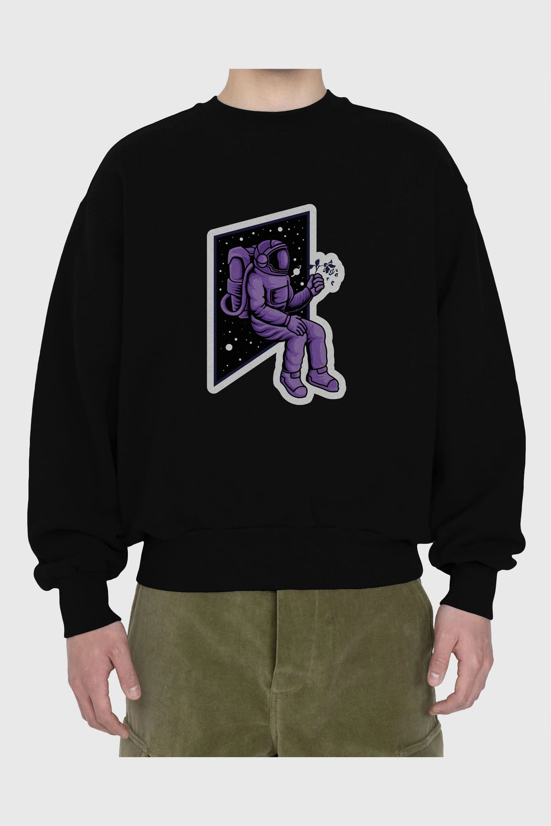 Astronaut holding black rose sticker Ön Baskılı Oversize Sweatshirt Erkek Kadın Unisex